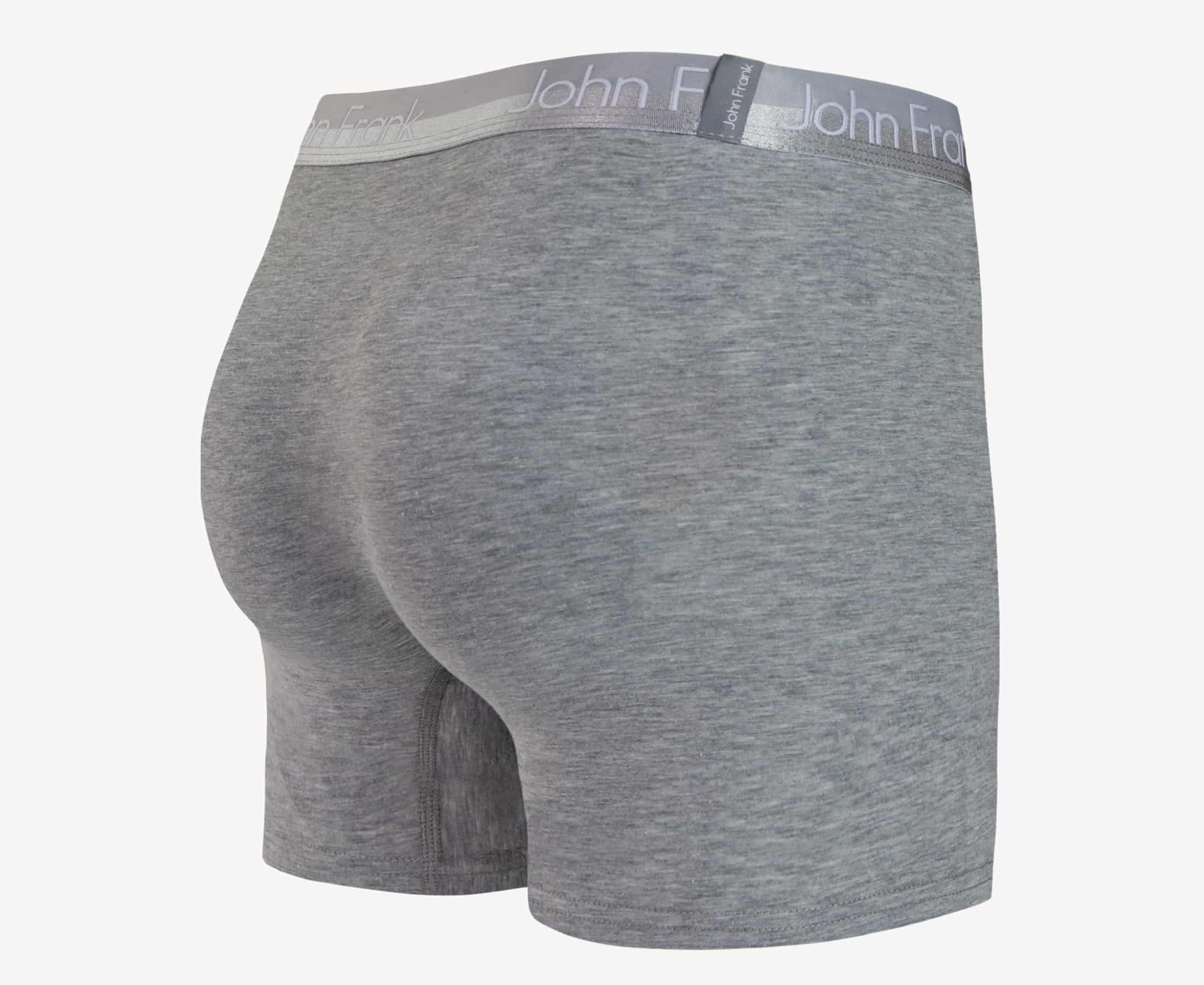 Back view of men’s 95% cotton boxer brief in stone gray with gray shiny waistband and rear detail