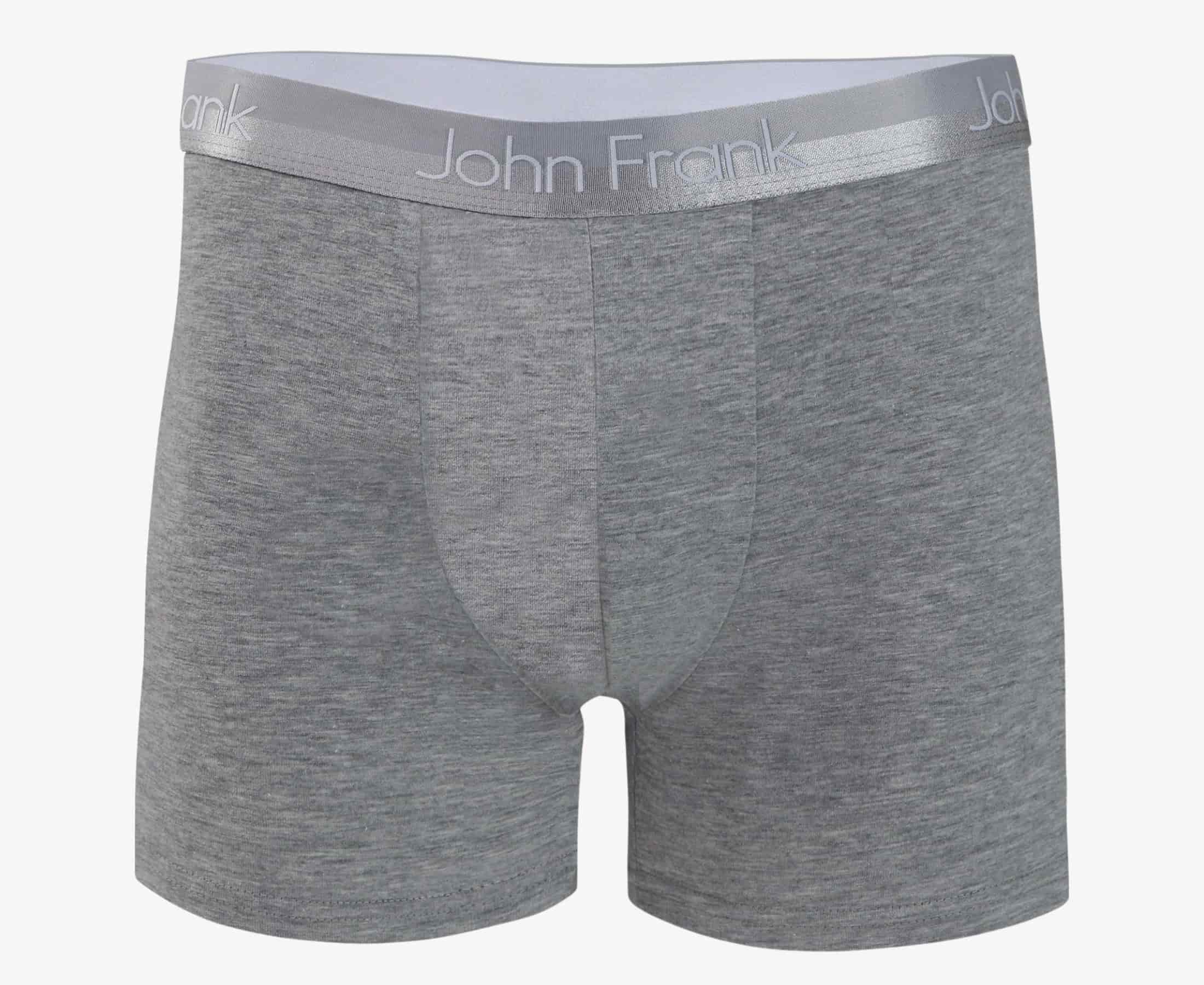 Front view of men’s 95% cotton boxer brief in stone gray with gray shiny waistband, invisible seams and soft stretch