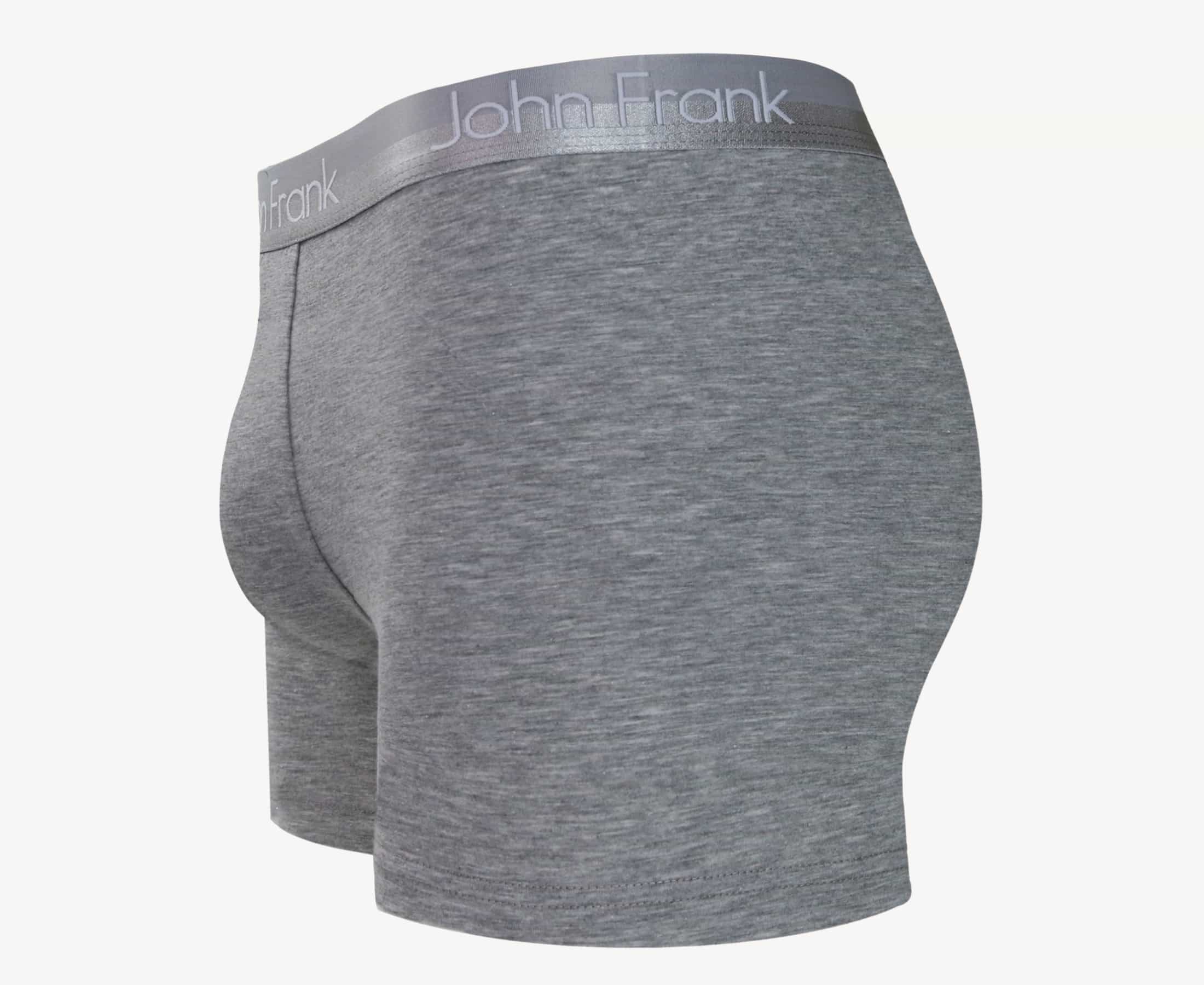 Side view of men’s 95% cotton boxer brief in stone gray with gray shiny waistband, contoured pouch, and tailored leg cut