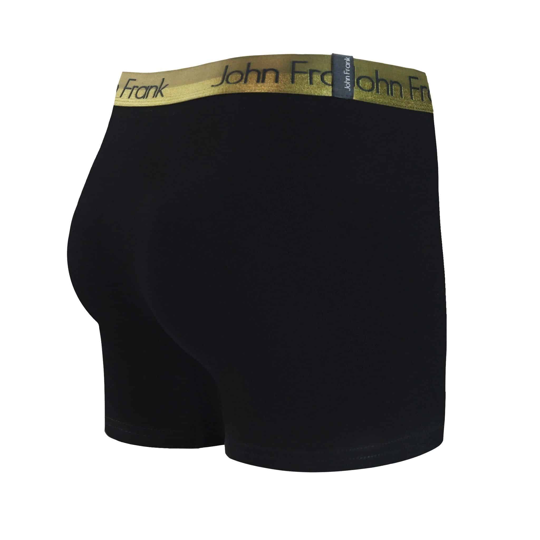 Back view of men’s 95% cotton boxer brief in black with yellow-metal shiny waistband and rear detail