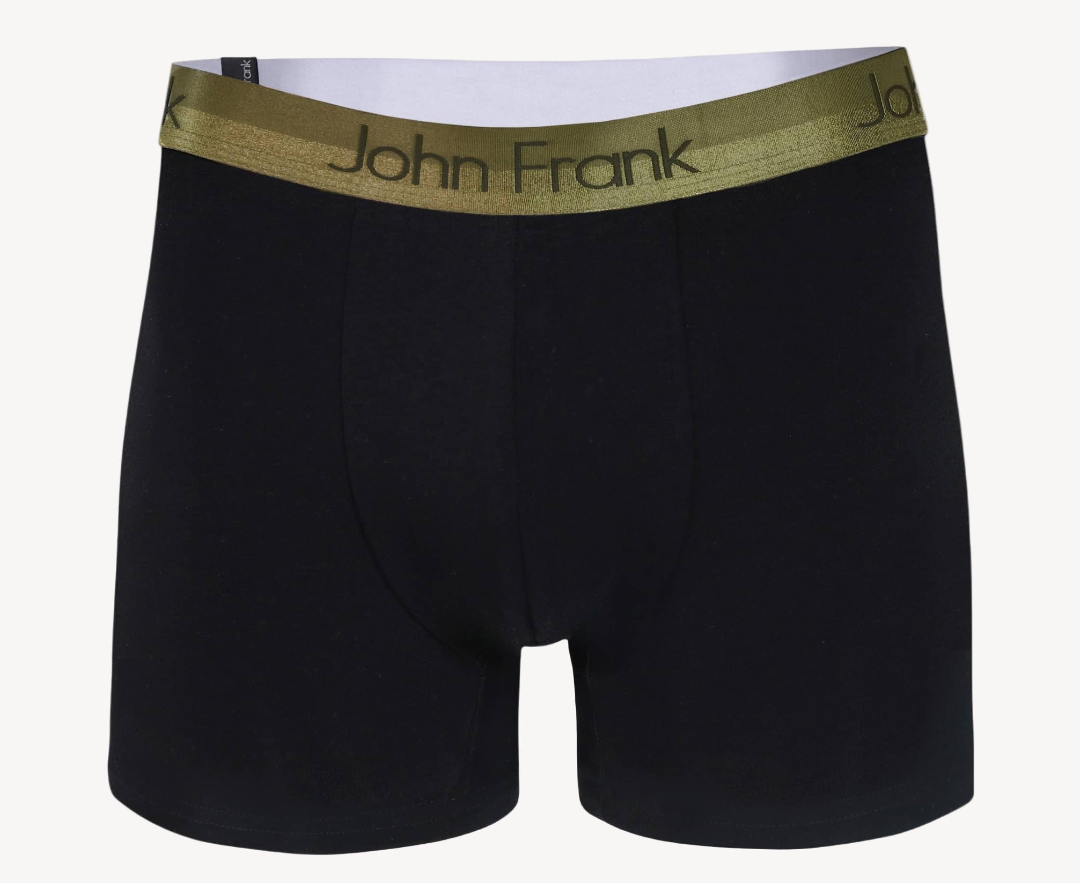 Front view of men’s 95% cotton boxer brief in black with yellow-metal shiny waistband, invisible seams and soft stretch