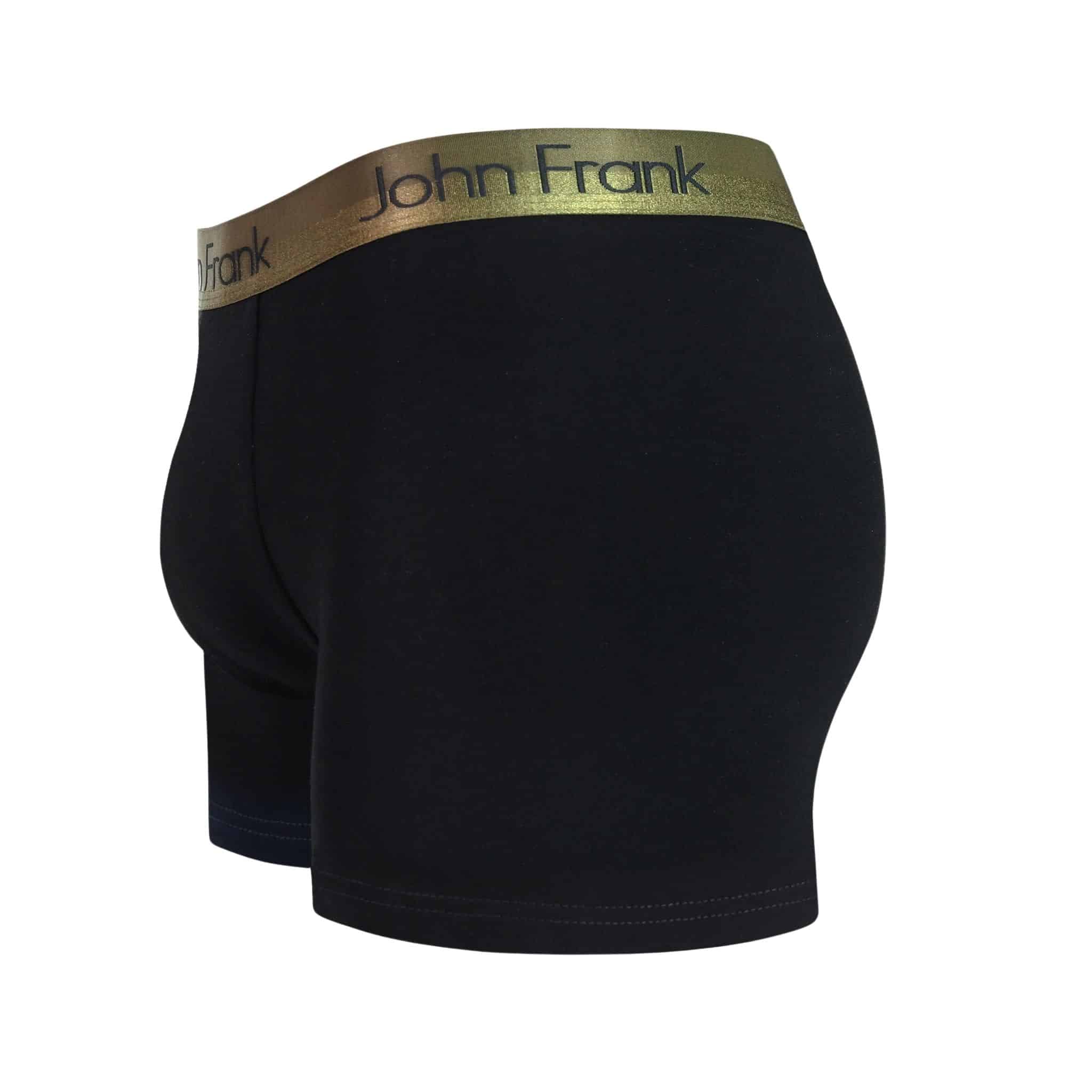 Side view of men’s 95% cotton boxer brief in black with yellow-metal shiny waistband, contoured pouch, and tailored leg cut