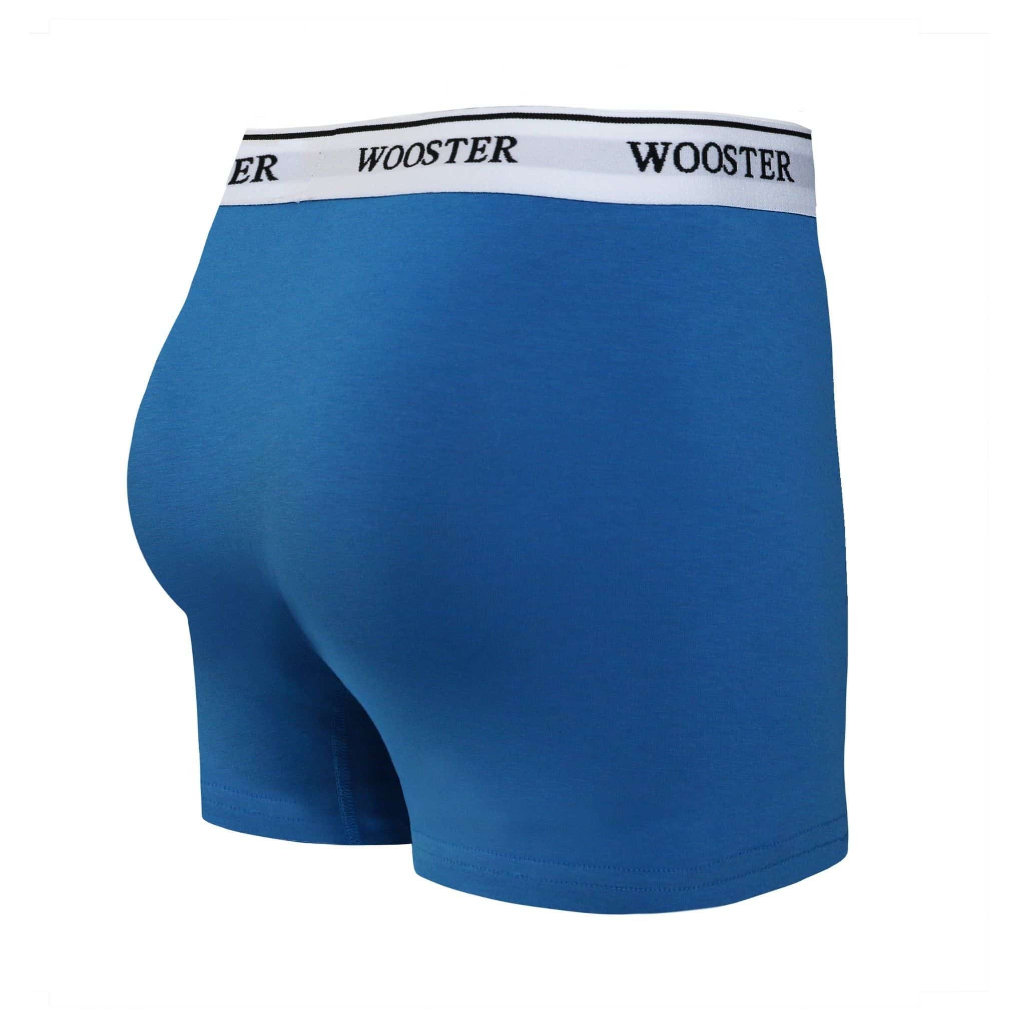 Back view of men’s 95% cotton boxer brief in azure blue with relaxed fit, vibrant color, and smooth rear panel