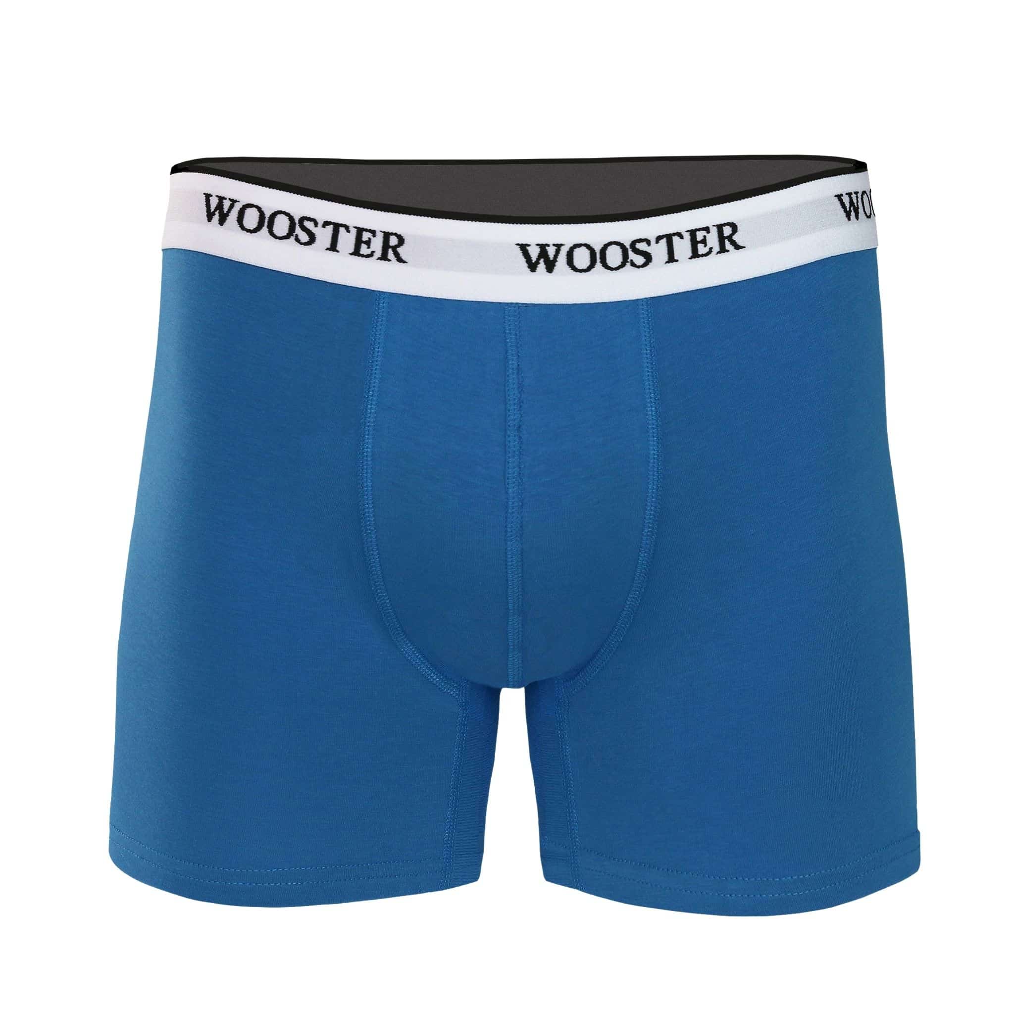 Front view of men’s 95% cotton boxer brief in azure blue with relaxed fit, soft stretch cotton, and no-roll waistband