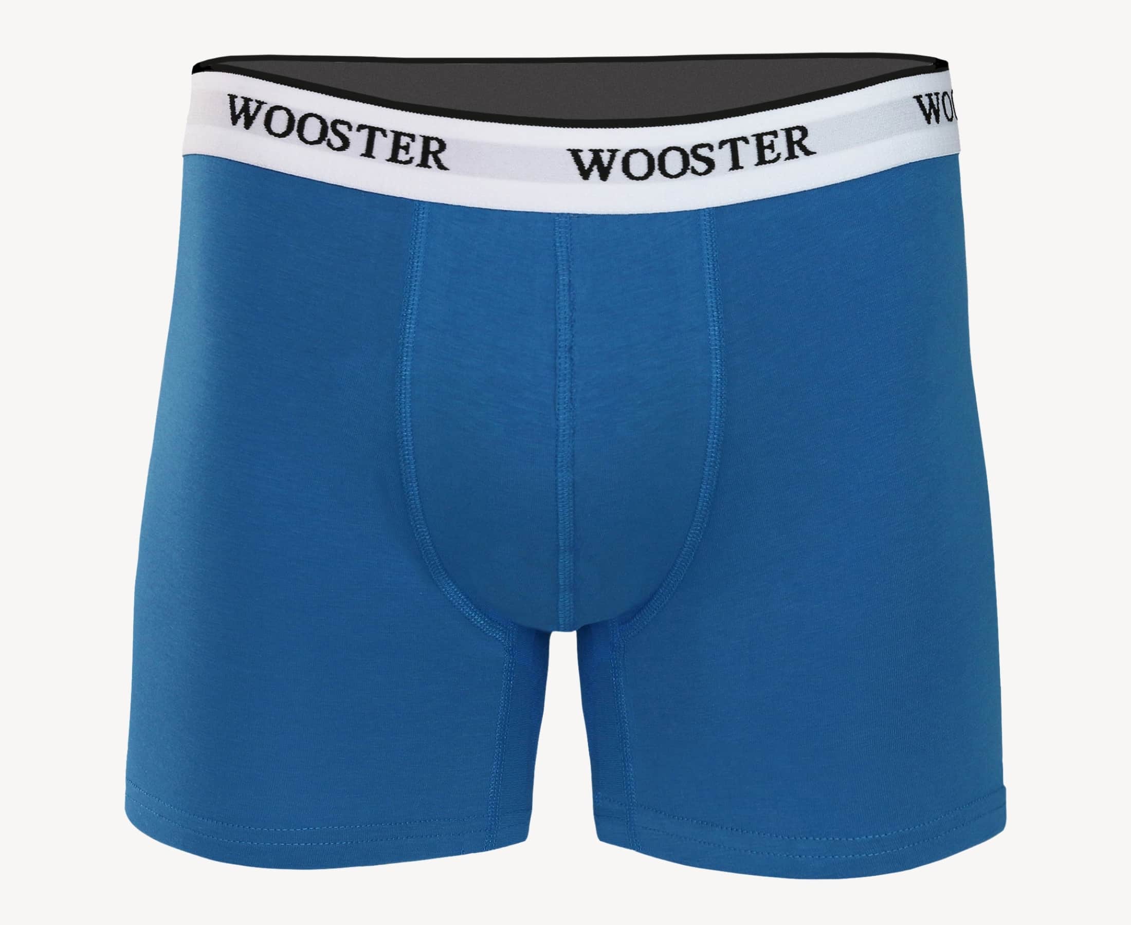 Front view of men’s 95% cotton boxer brief in azure blue with relaxed fit, soft stretch cotton, and no-roll waistband