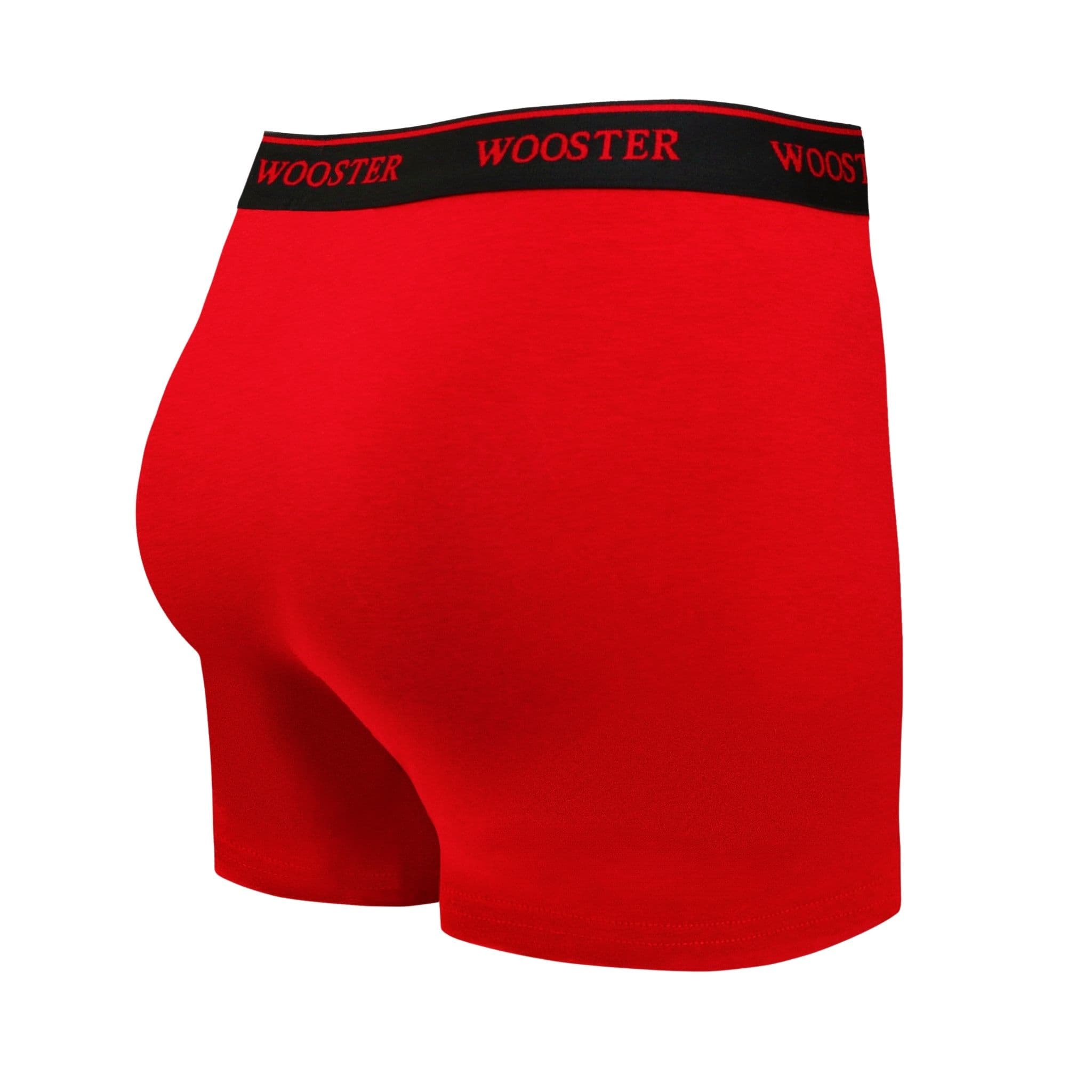 Back view of men’s 95% cotton boxer brief in crimson red with relaxed fit, vibrant color, and smooth rear panel