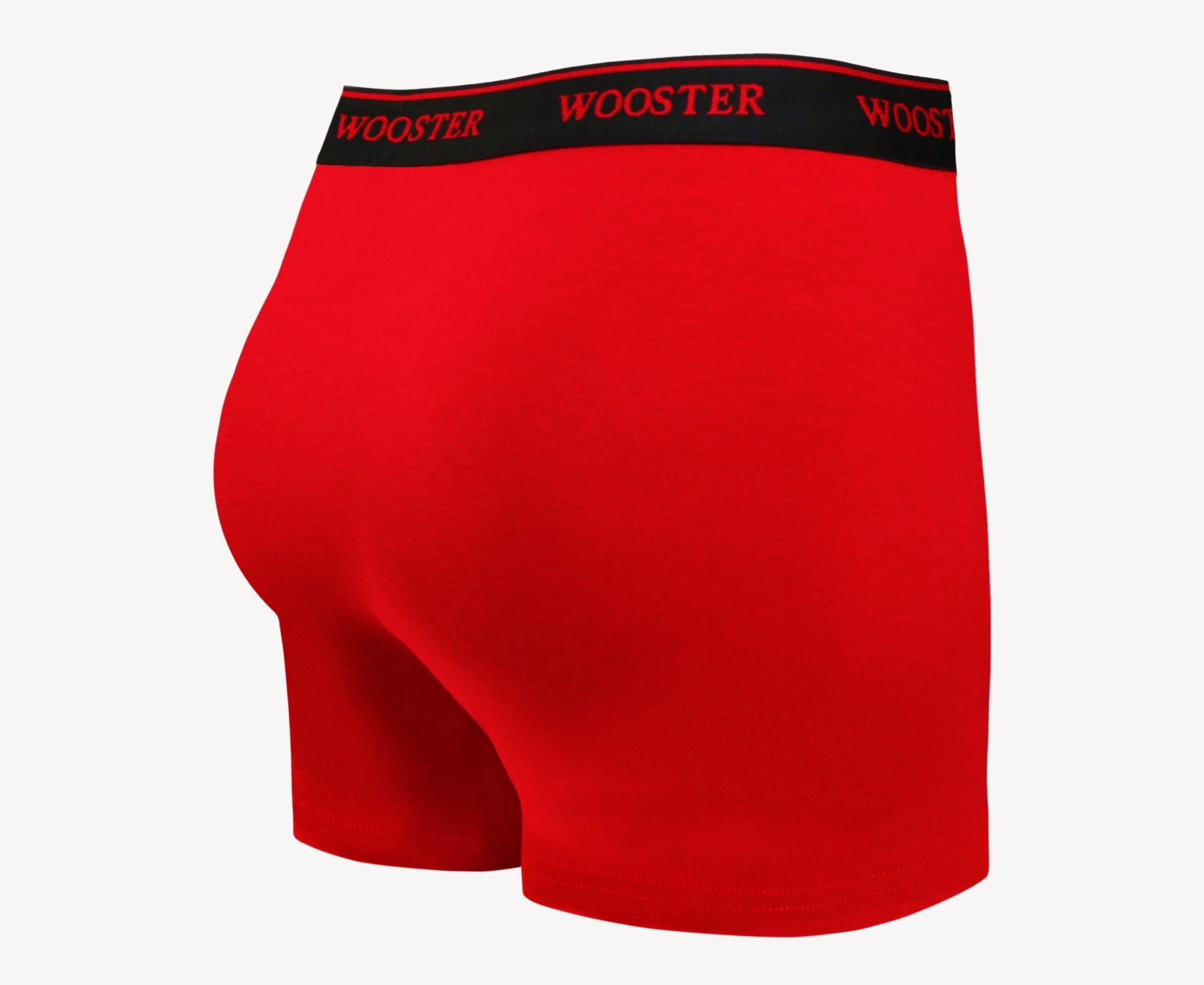 Back view of men’s 95% cotton boxer brief in crimson red with relaxed fit, vibrant color, and smooth rear panel