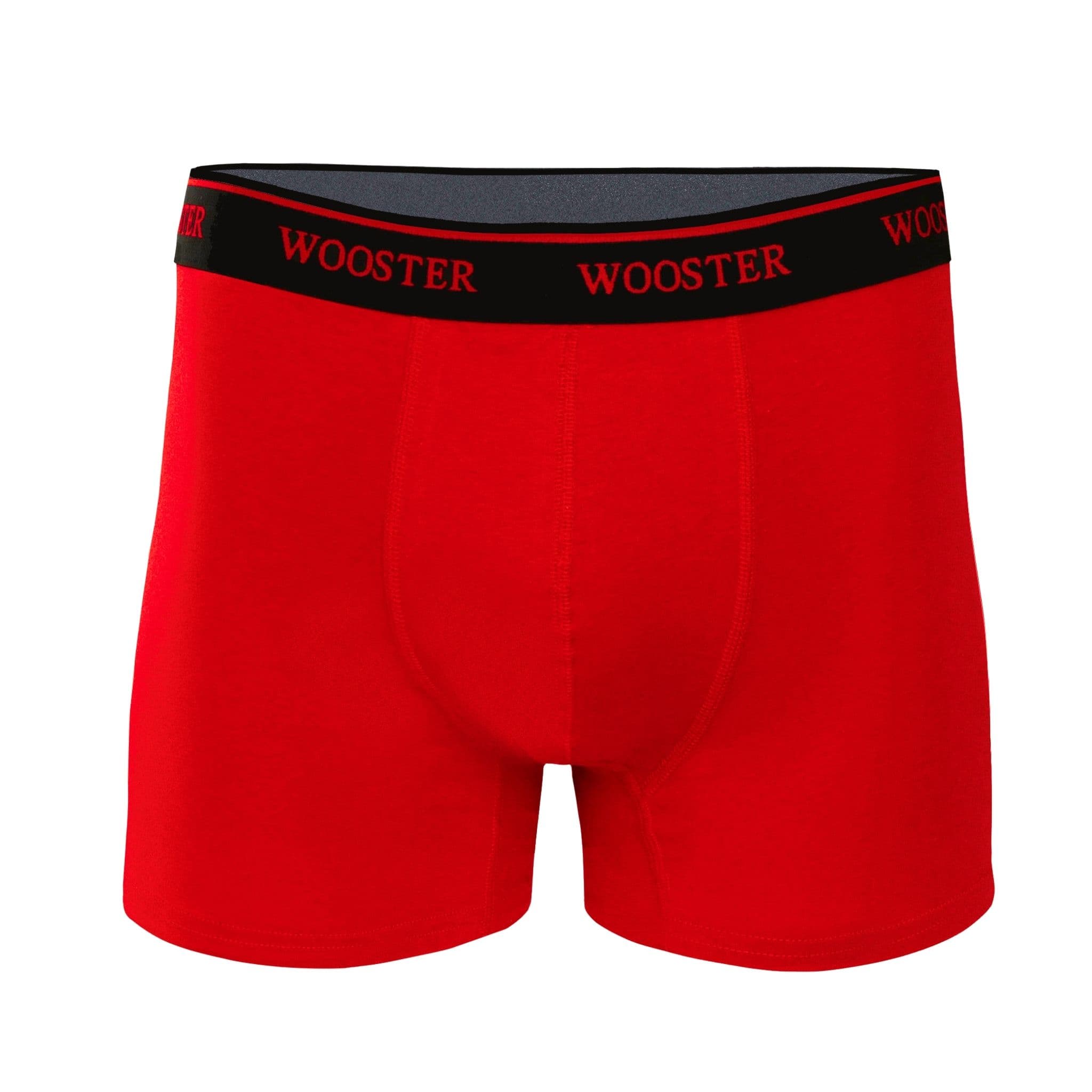 Front view of men’s 95% cotton boxer brief in crimson red with relaxed fit, soft stretch cotton, and no-roll waistband