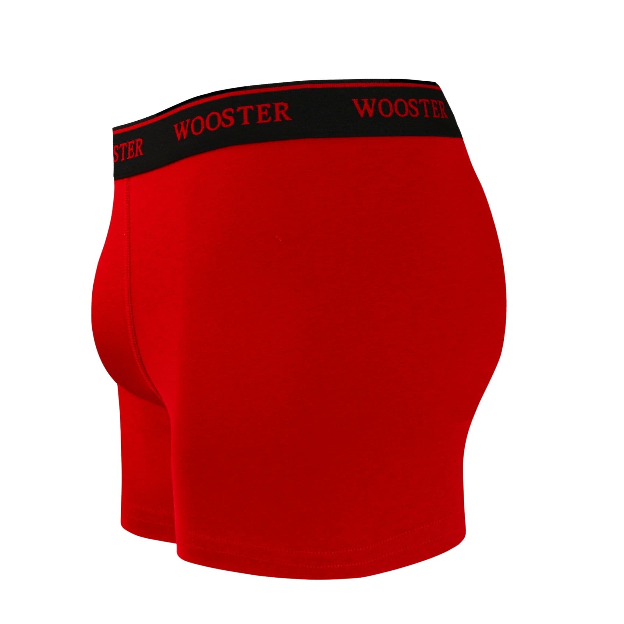 Side view of men’s 95% cotton boxer brief in crimson red showing contoured pouch and relaxed fit