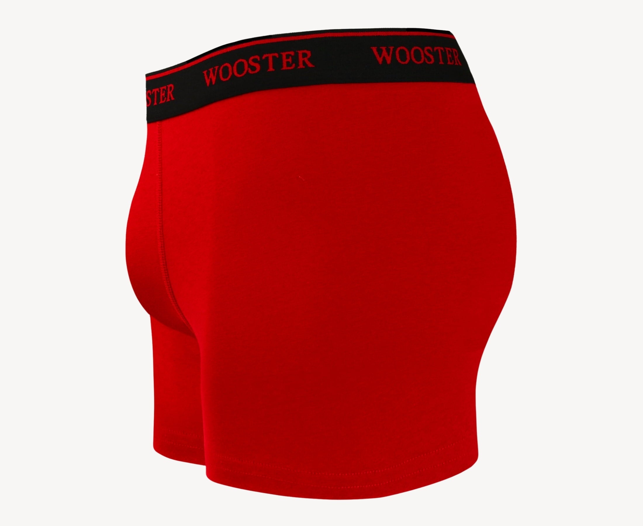 Side view of men’s 95% cotton boxer brief in crimson red showing contoured pouch and relaxed fit