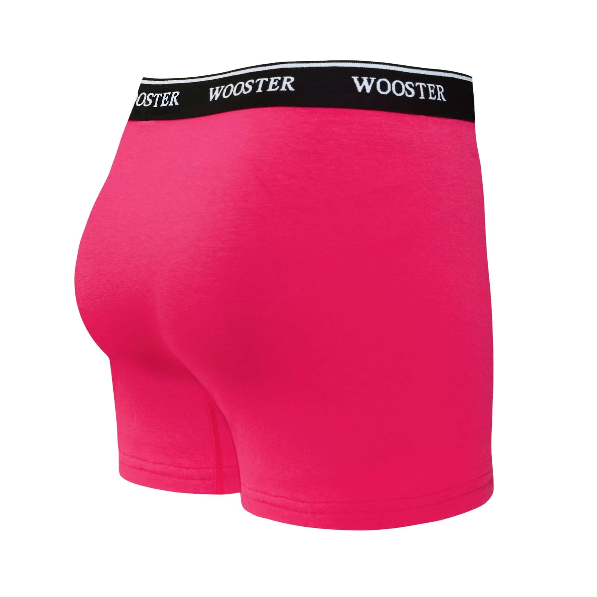Back view of men’s 95% cotton boxer brief in hot pink with relaxed fit, vibrant color, and smooth rear panel