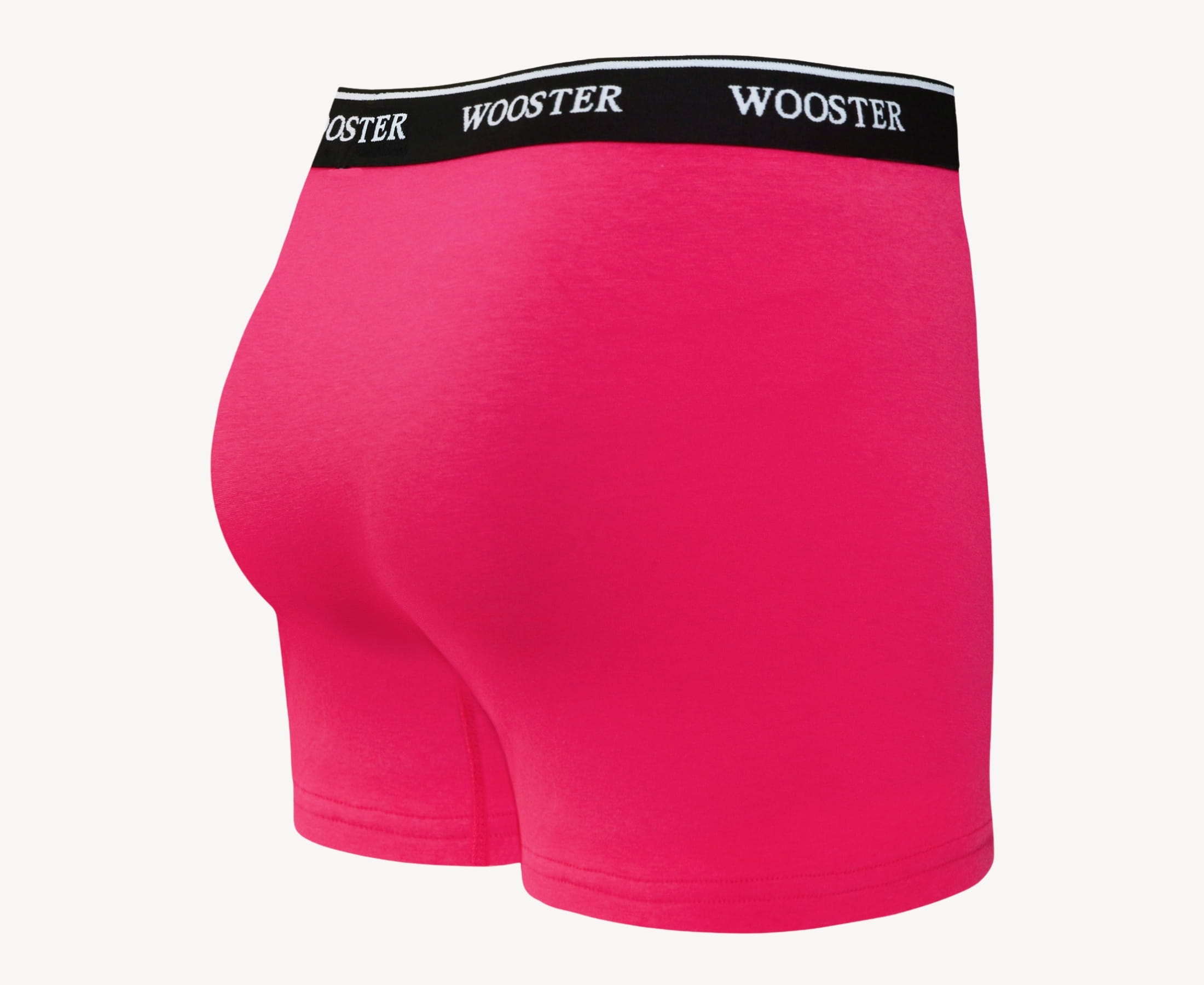 Back view of men’s 95% cotton boxer brief in hot pink with relaxed fit, vibrant color, and smooth rear panel