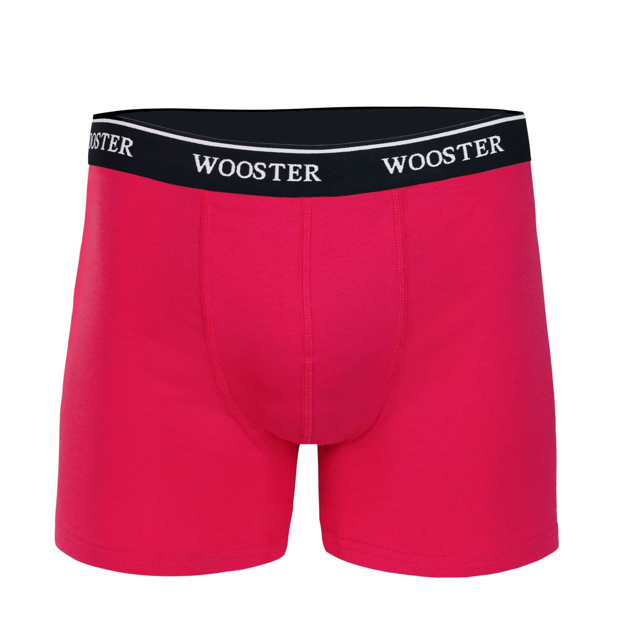 Front view of men’s 95% cotton boxer brief in hot pink with relaxed fit, soft stretch cotton, and no-roll waistband