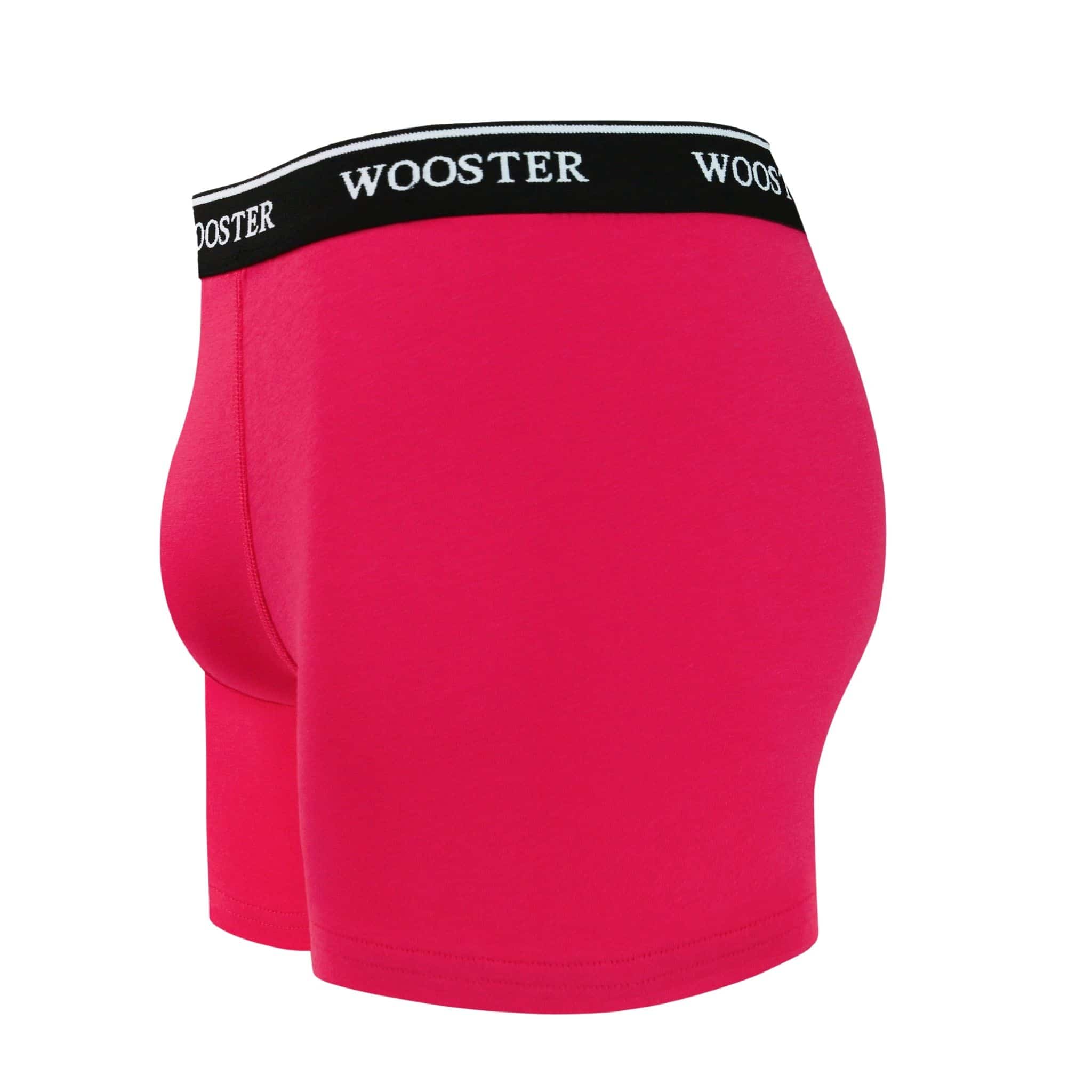 Side view of men’s 95% cotton boxer brief in hot pink showing contoured pouch and relaxed fit