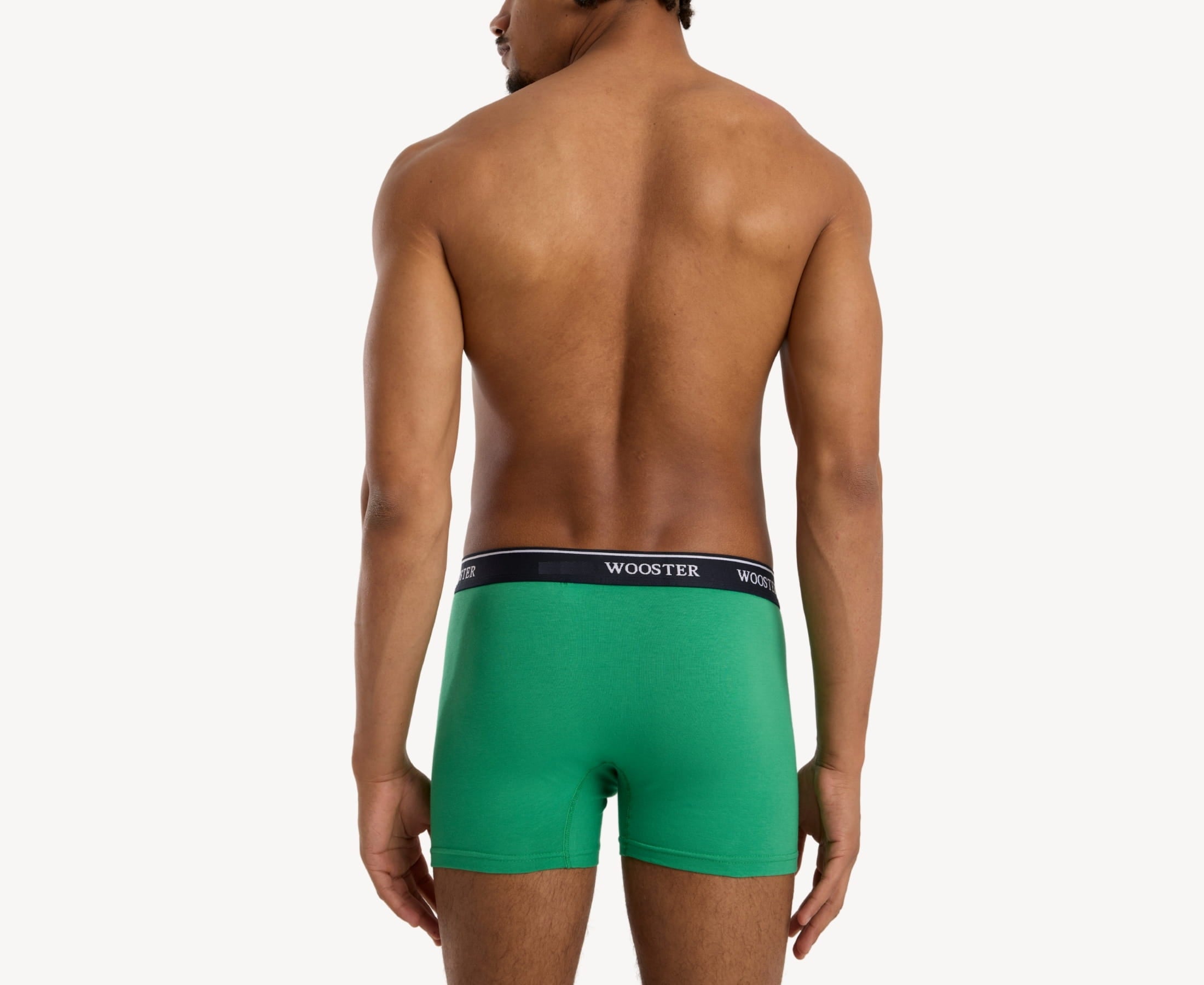Back view of model wearing men’s 95% cotton boxer brief in meadow green with relaxed fit, vibrant color, and smooth rear panel