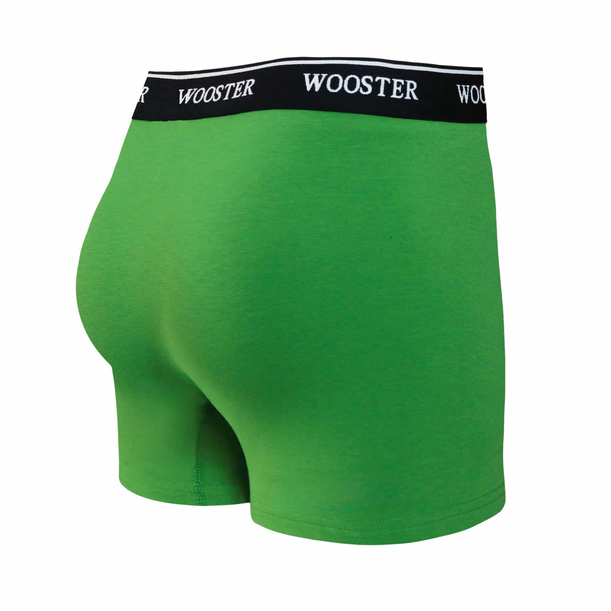 Back view of men’s 95% cotton boxer brief in meadow green with relaxed fit, vibrant color, and smooth rear panel