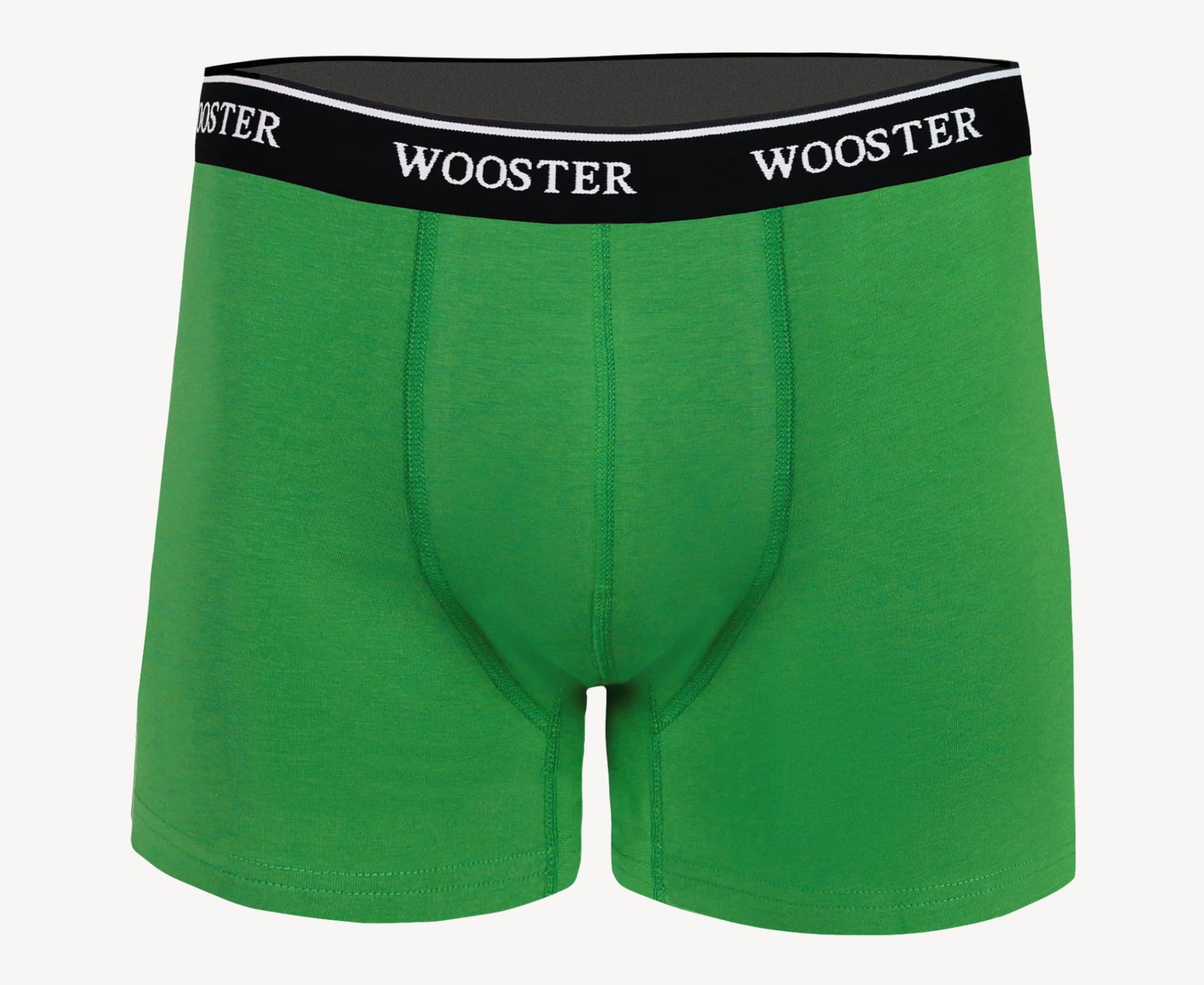 Front view of men’s 95% cotton boxer brief in meadow green with relaxed fit, soft stretch cotton, and no-roll waistband