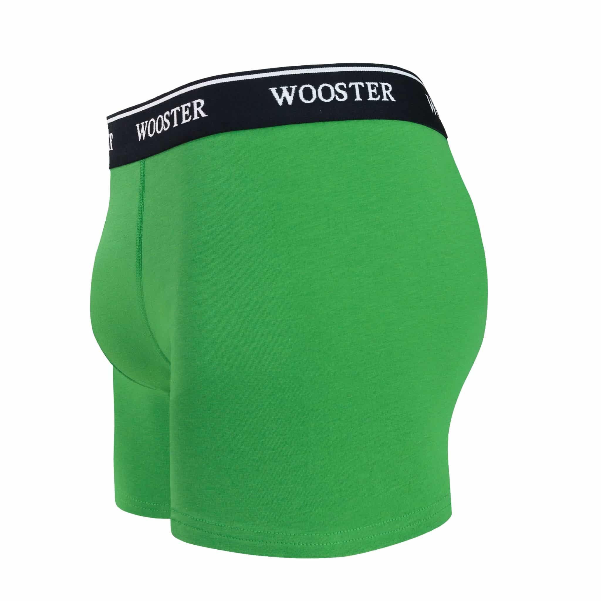 Side view of men’s 95% cotton boxer brief in meadow green showing contoured pouch and relaxed fit