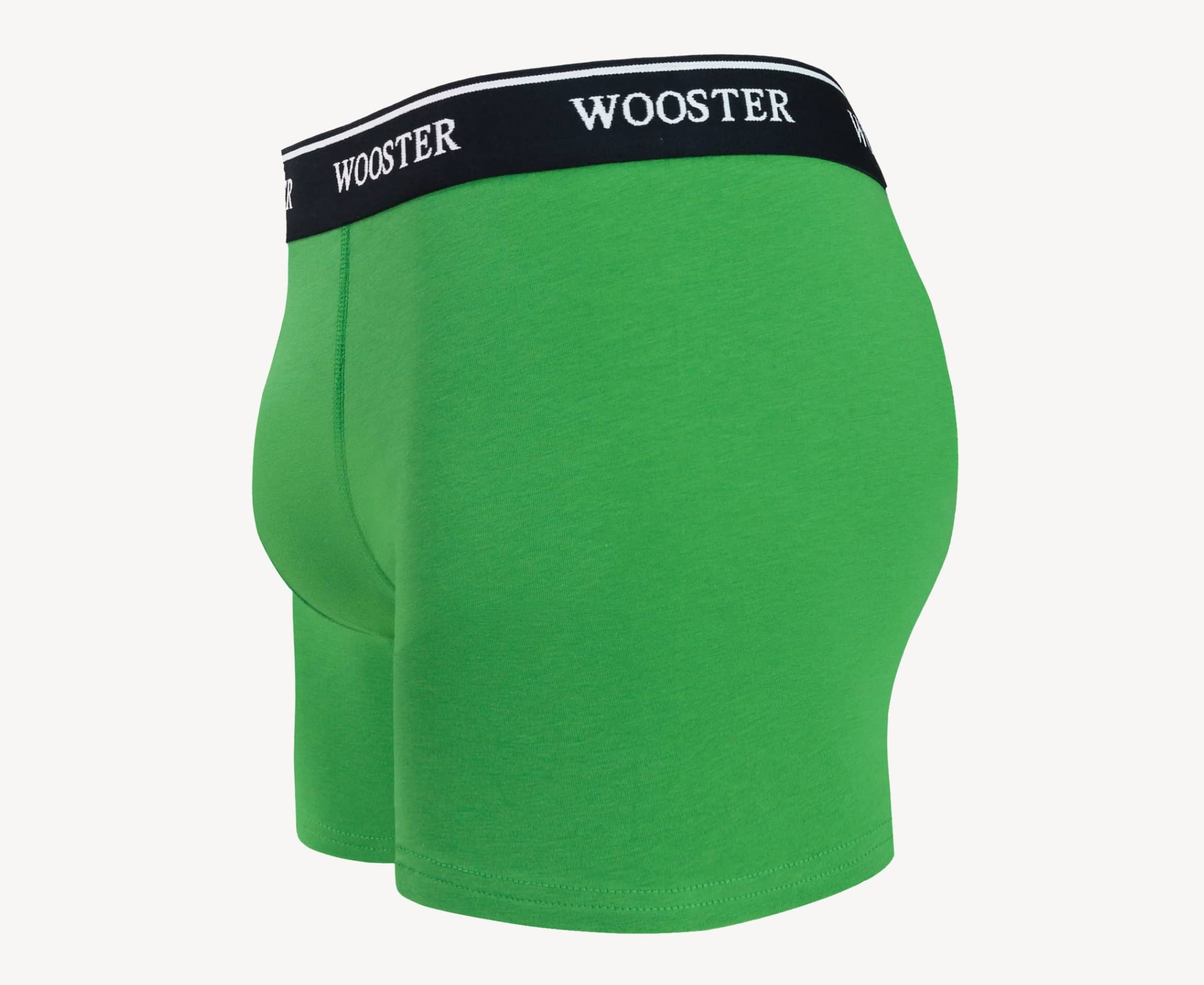 Side view of men’s 95% cotton boxer brief in meadow green showing contoured pouch and relaxed fit