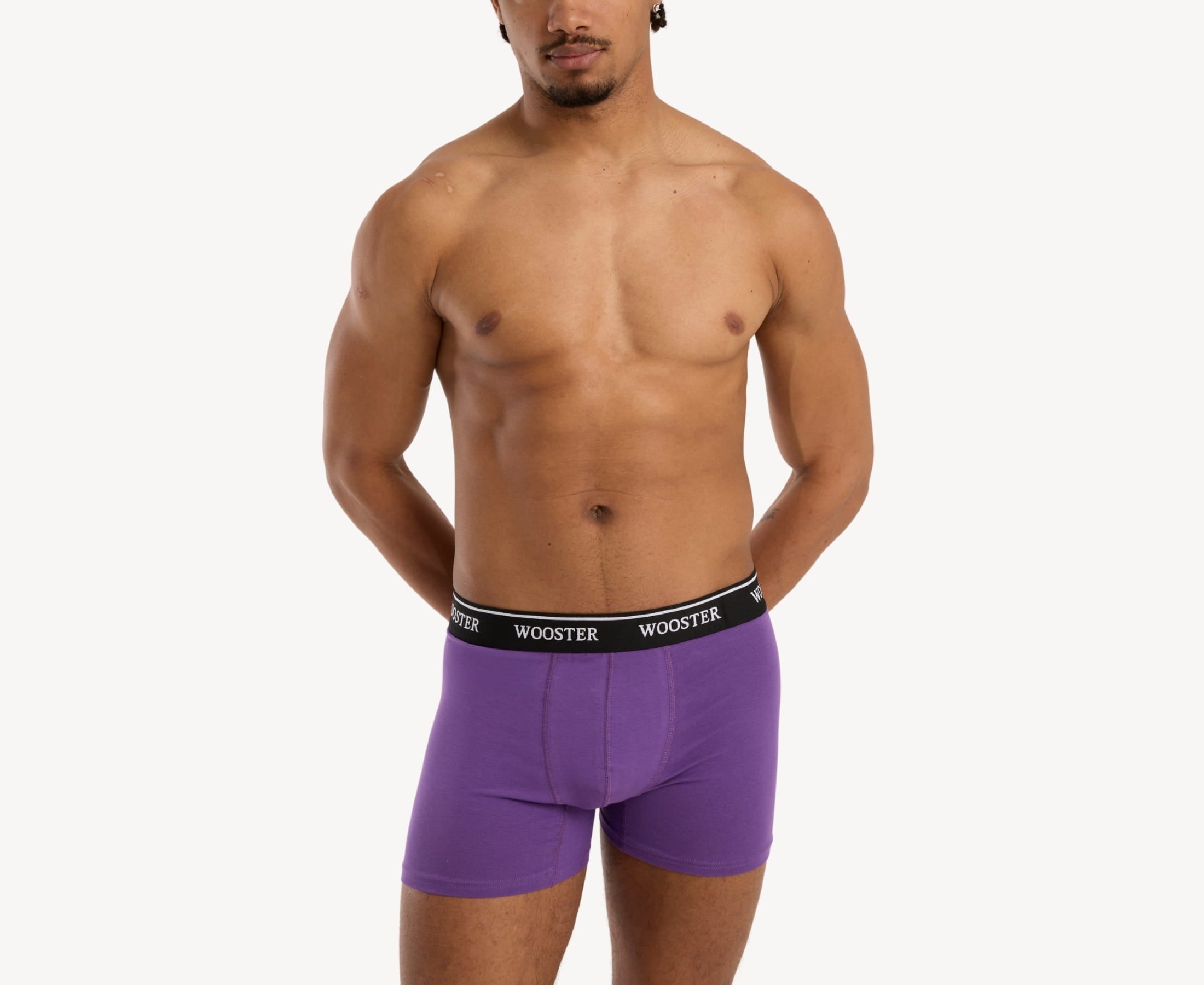 Front view of model wearing men’s 95% cotton boxer brief in mulberry with relaxed fit, soft stretch cotton, and no-roll waistband