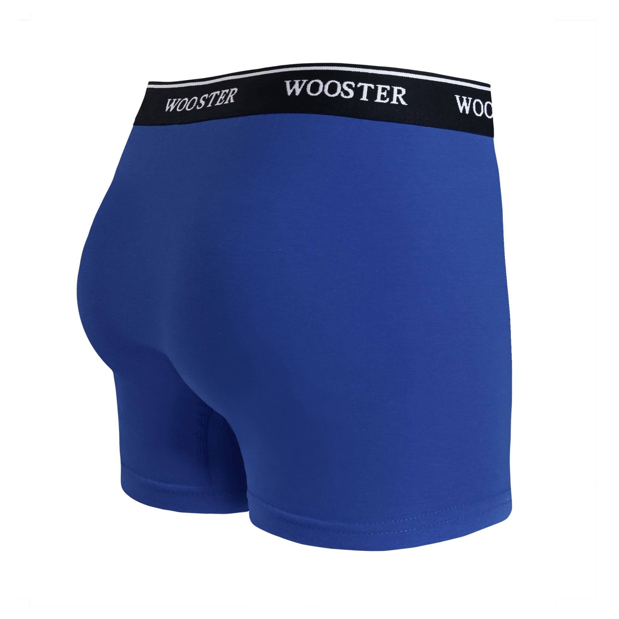 Back view of men’s 95% cotton boxer brief in royal blue with relaxed fit, vibrant color, and smooth rear panel