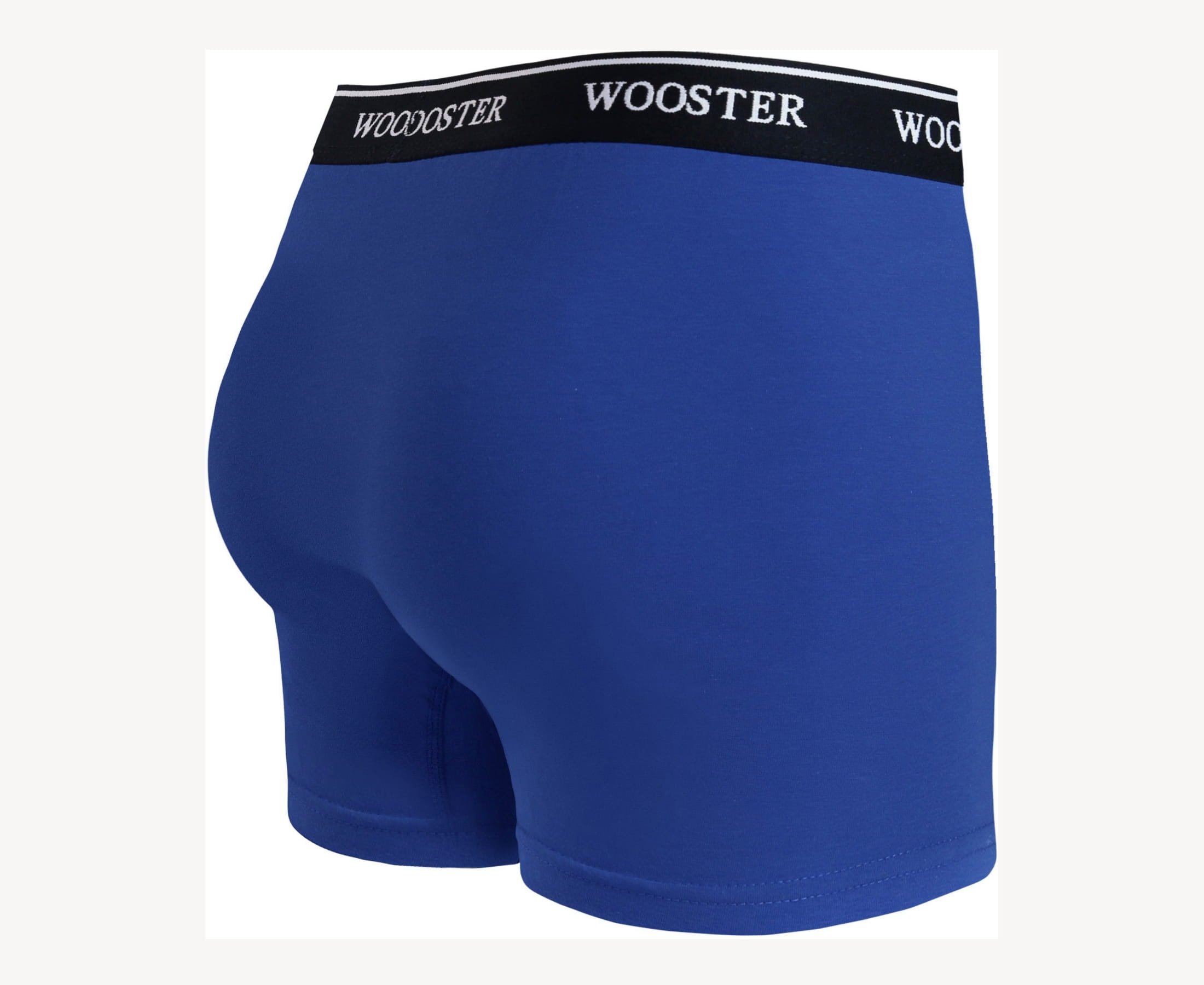 Back view of men’s 95% cotton boxer brief in royal blue with relaxed fit, vibrant color, and smooth rear panel