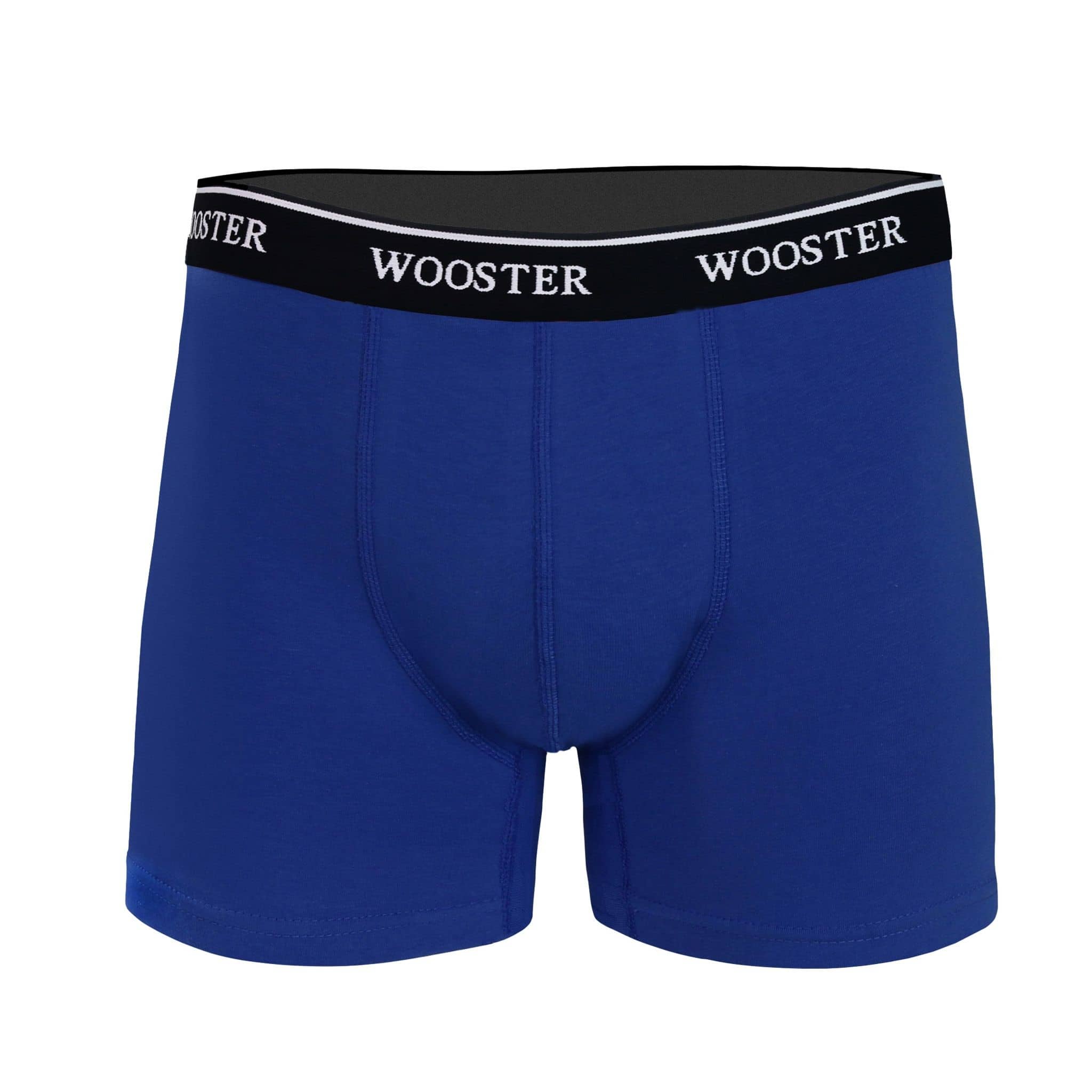 Front view of men’s 95% cotton boxer brief in royal blue with relaxed fit, soft stretch cotton, and no-roll waistband