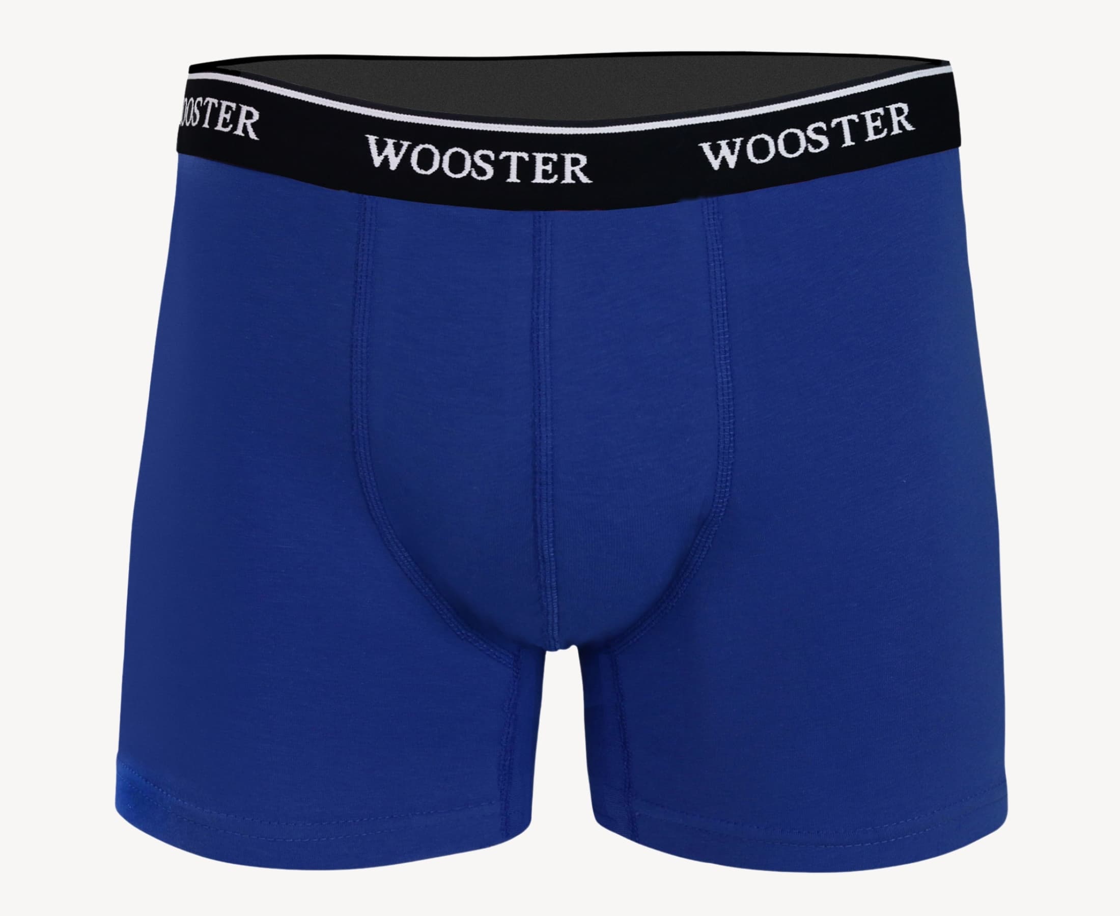 Front view of men’s 95% cotton boxer brief in royal blue with relaxed fit, soft stretch cotton, and no-roll waistband