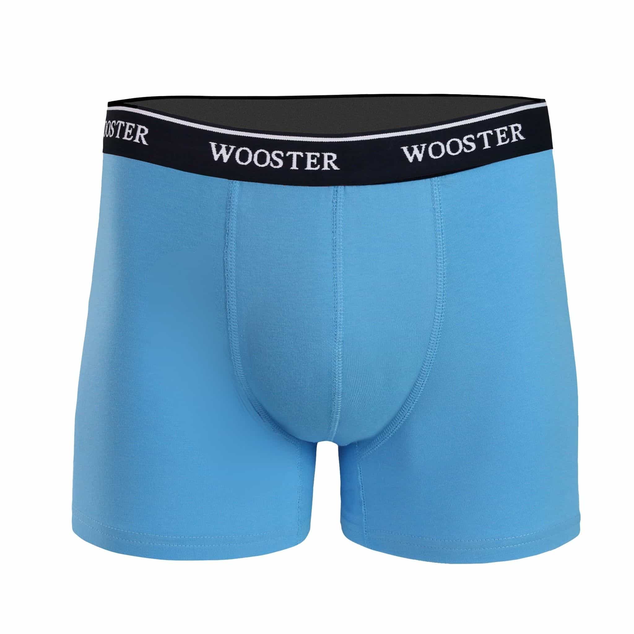 Front view of men’s 95% cotton boxer brief in sky blue with relaxed fit, soft stretch cotton, and no-roll waistband