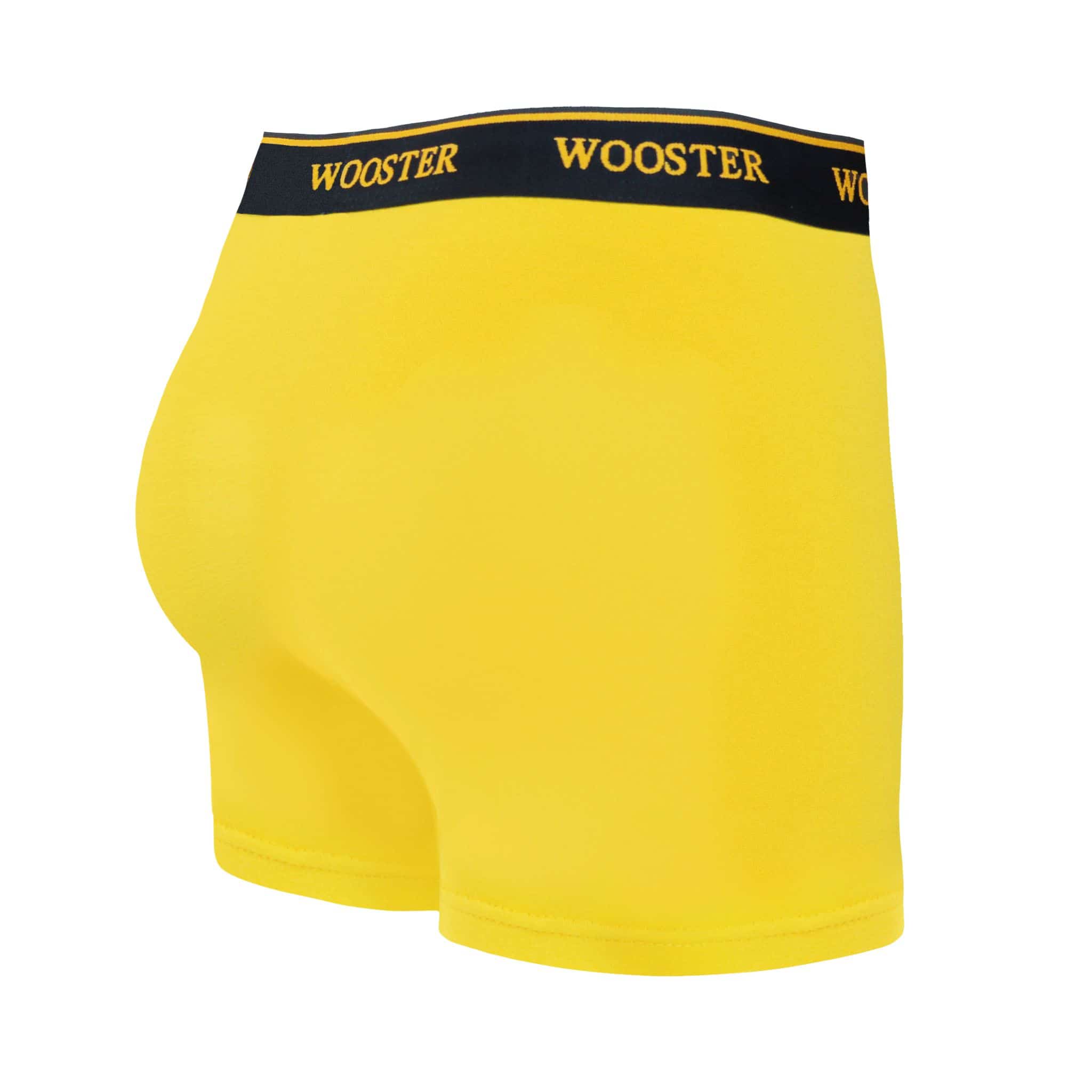 Back view of men’s 95% cotton boxer brief in sunshine yellow with relaxed fit, vibrant color, and smooth rear panel