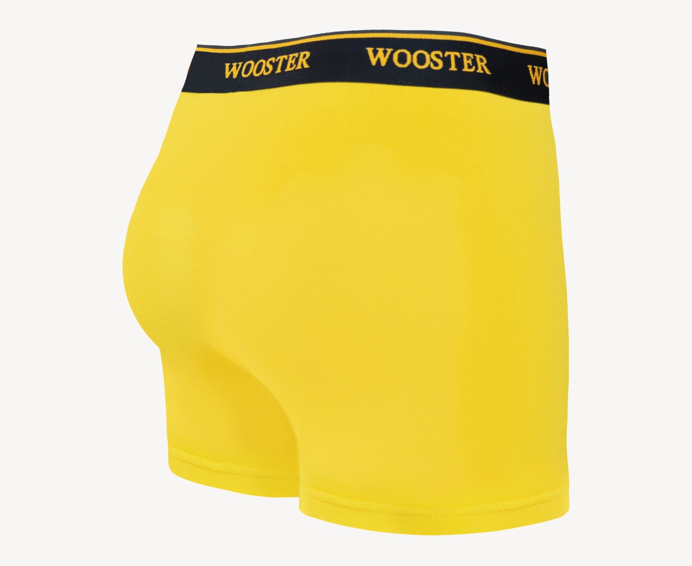 Back view of men’s 95% cotton boxer brief in sunshine yellow with relaxed fit, vibrant color, and smooth rear panel
