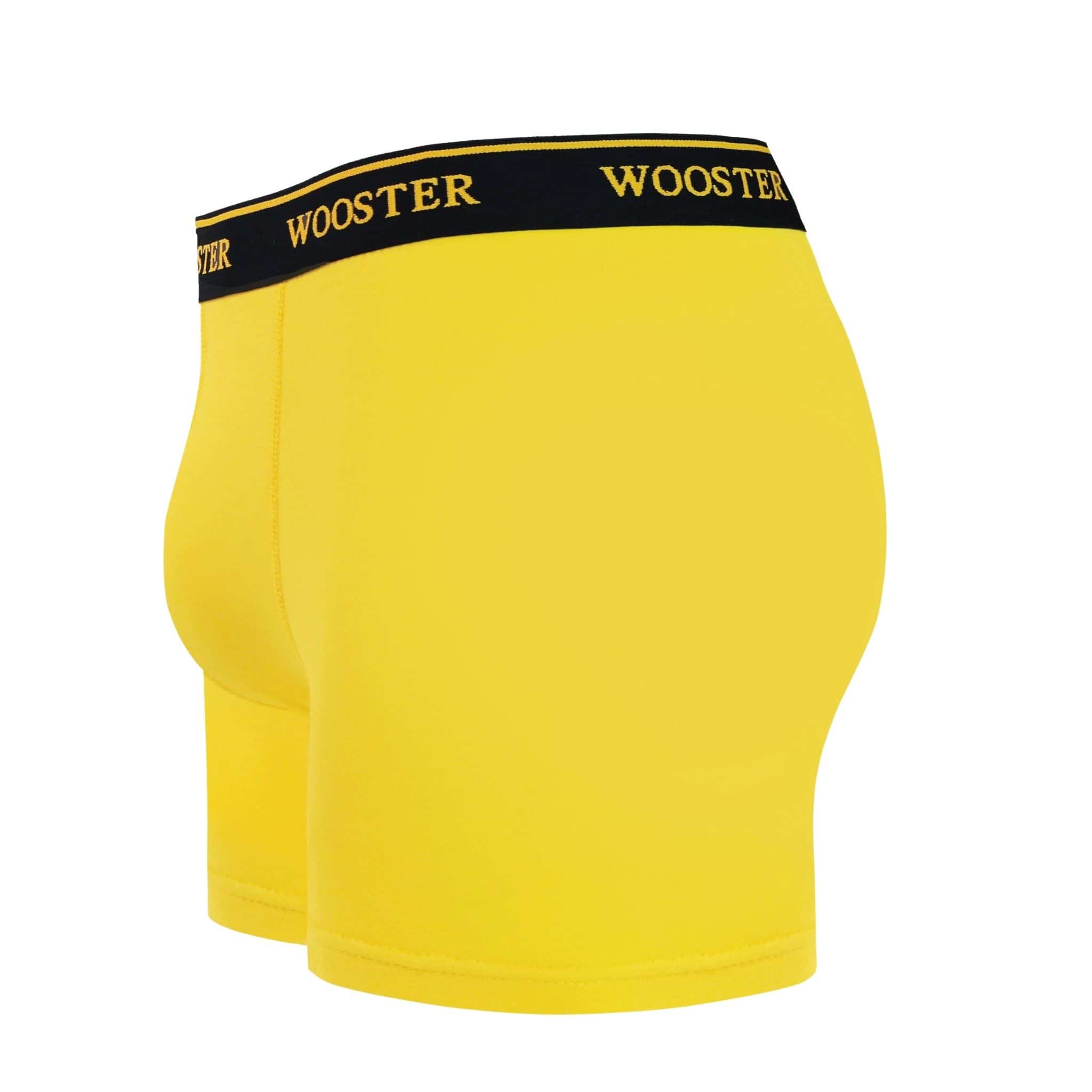 Side view of men’s 95% cotton boxer brief in sunshine yellow showing contoured pouch and relaxed fit