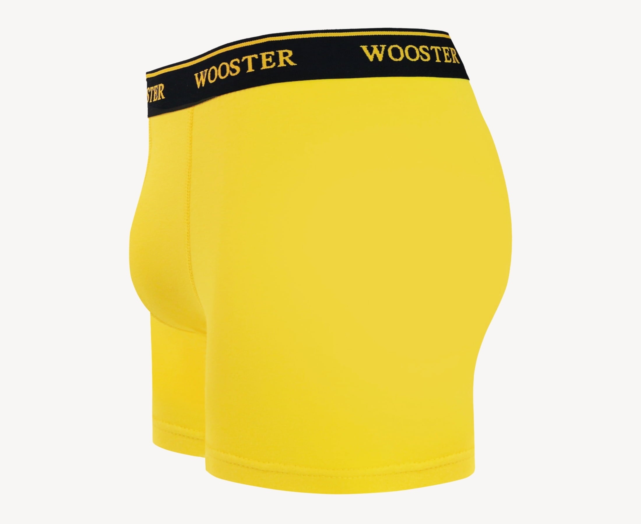 Side view of men’s 95% cotton boxer brief in sunshine yellow showing contoured pouch and relaxed fit