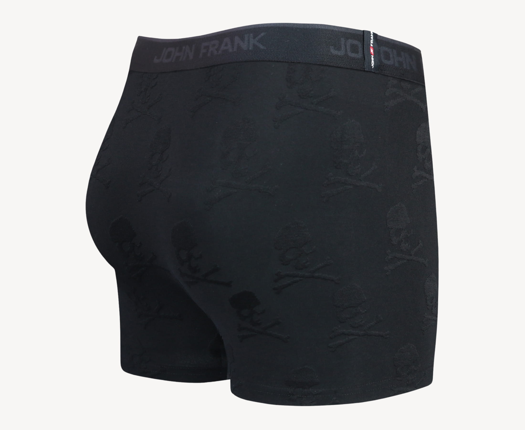 Back view of men’s 95% micromodal boxer brief in black with jacquard skull and cross bones pattern, showcasing smooth waistband and rear detail