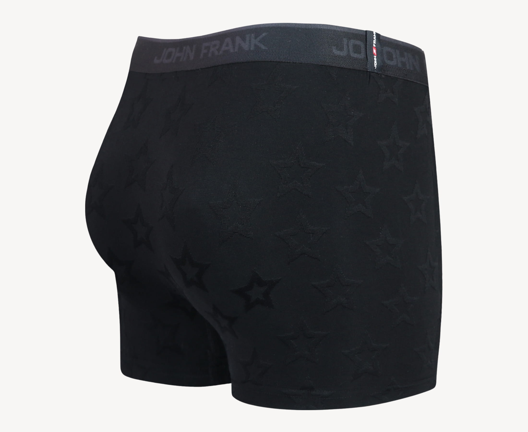 Back view of men’s 95% micromodal boxer brief in black with jacquard stars pattern, showcasing smooth waistband and rear detail