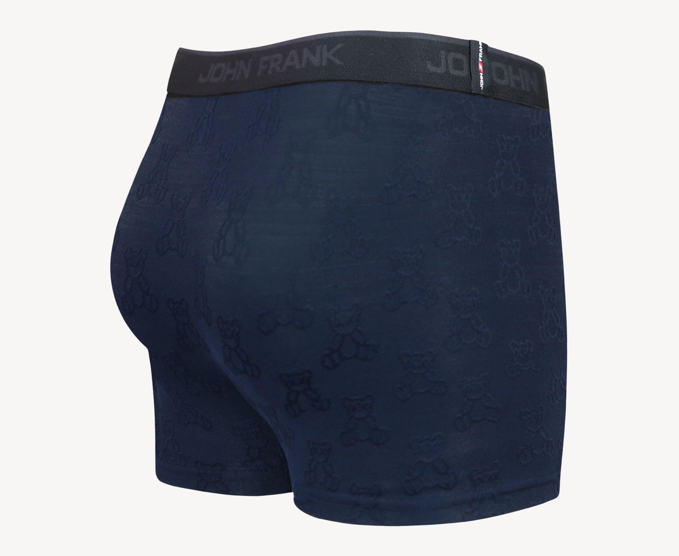 Back view of men’s 95% micromodal boxer brief in navy with jacquard teddy bears pattern, showcasing smooth waistband and rear detail