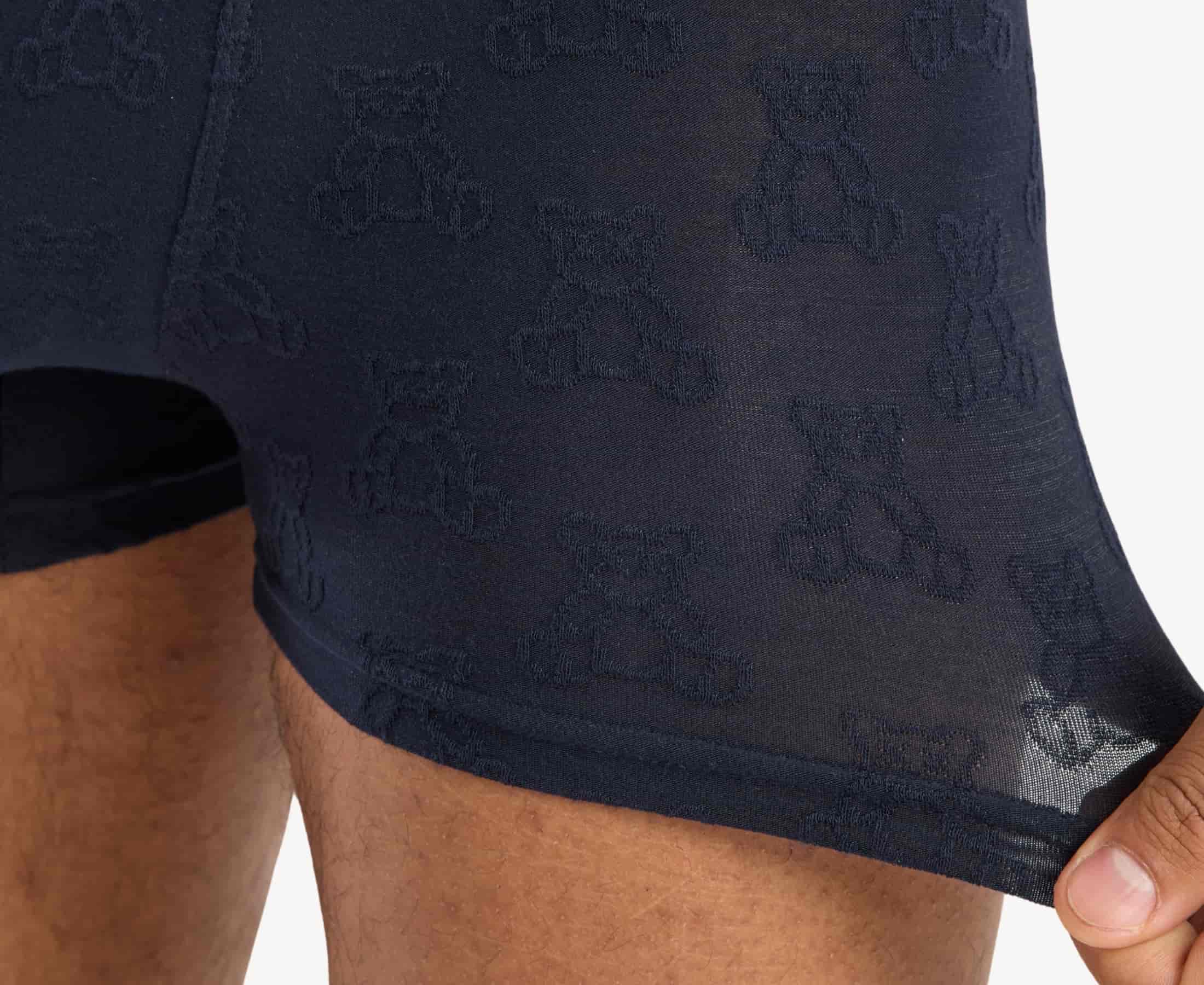 Close-up view of men’s 95% micromodal boxer brief in navy with jacquard teddy bears pattern, showcasing the fine fabric