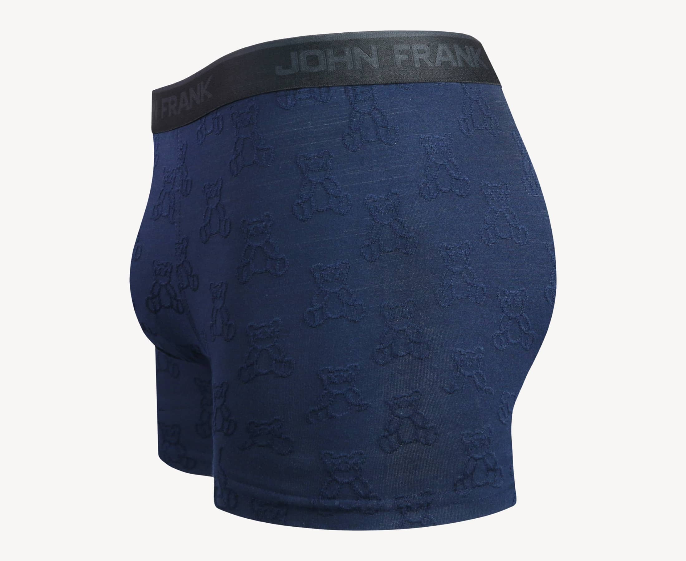 Side view of men’s 95% micromodal boxer brief in navy with jacquard teddy bears pattern, showcasing contoured pouch, and tailored leg cut