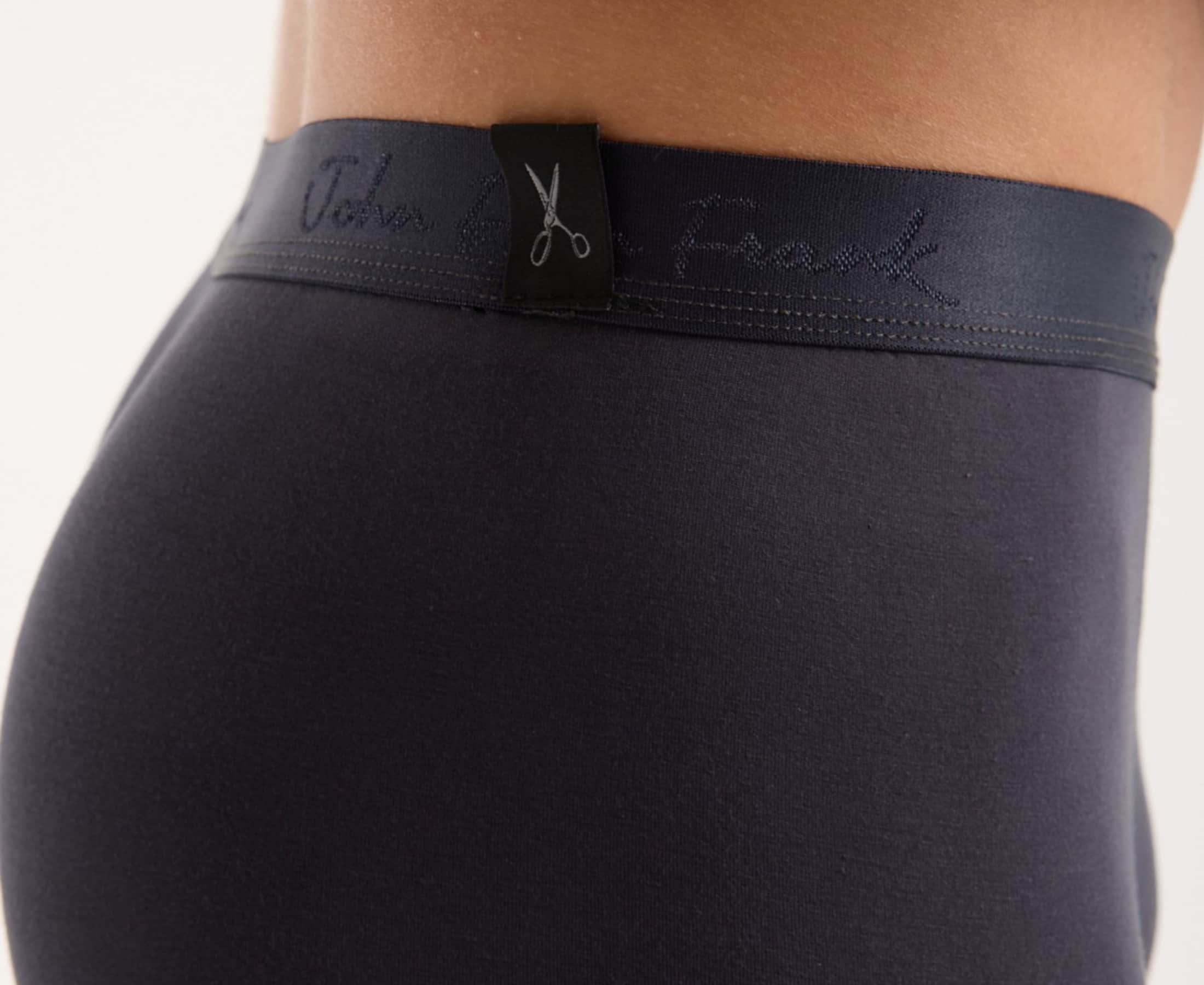 Detail view of men's micromodal boxer brief in anthracite on model, showcasing the scissors tag on the waistband with subtle sheen