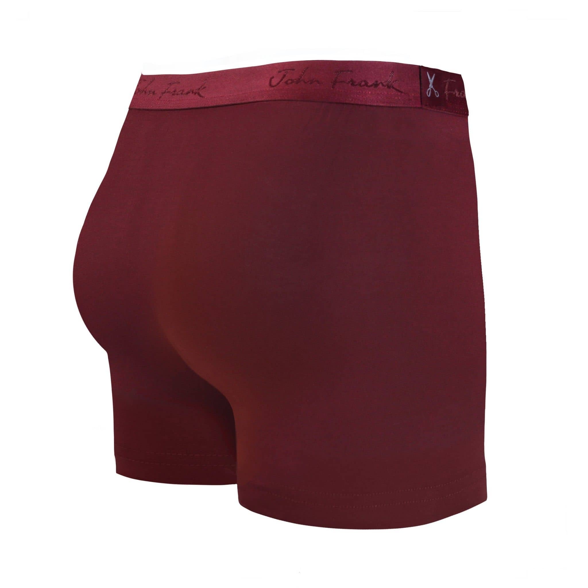 Back view of men’s 95% micromodal boxer brief in bordeaux with tonal waistband featuring subtle sheen and clean rear detail