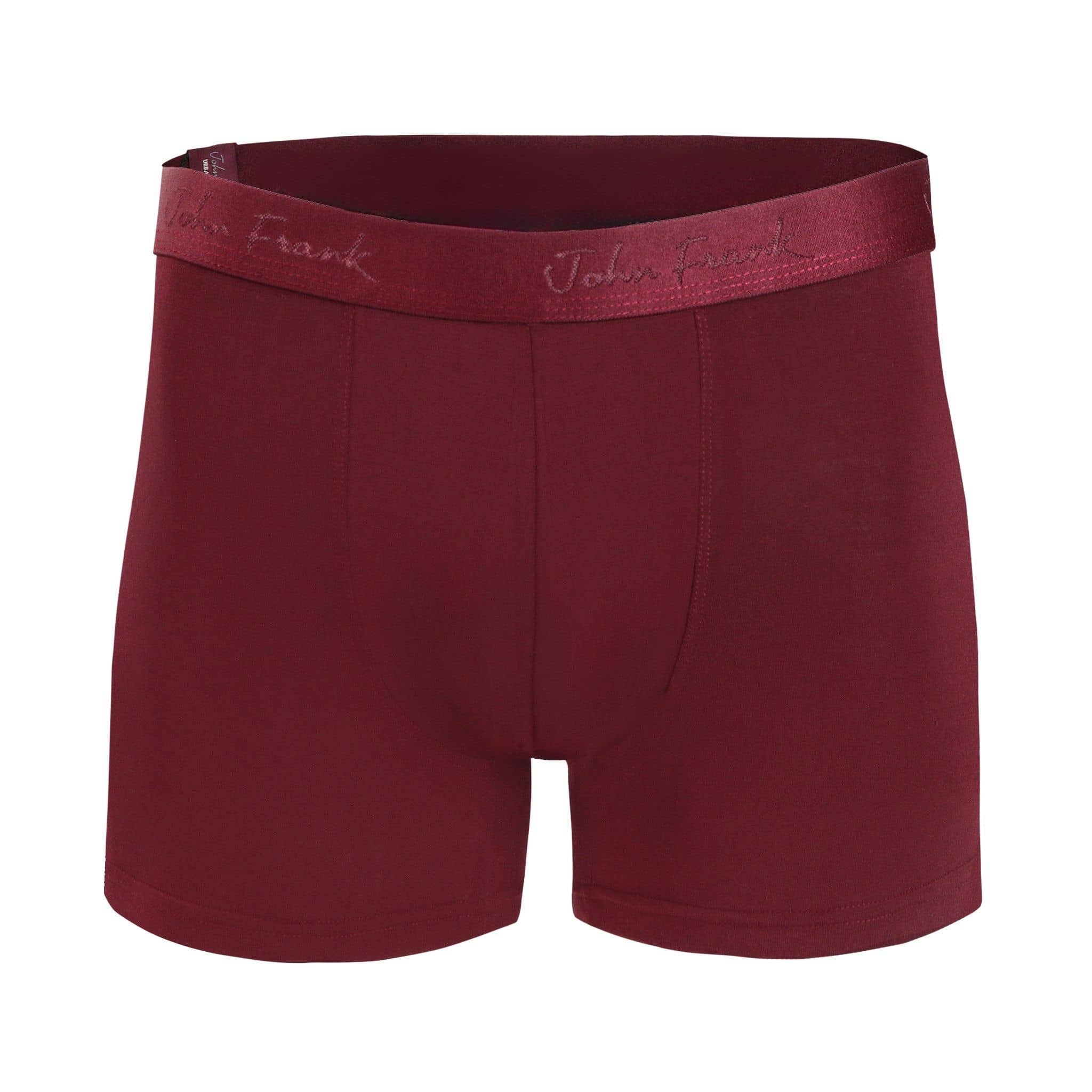 Front view of men’s 95% micromodal boxer brief in bordeaux with tonal waistband featuring subtle sheen, and soft stretch