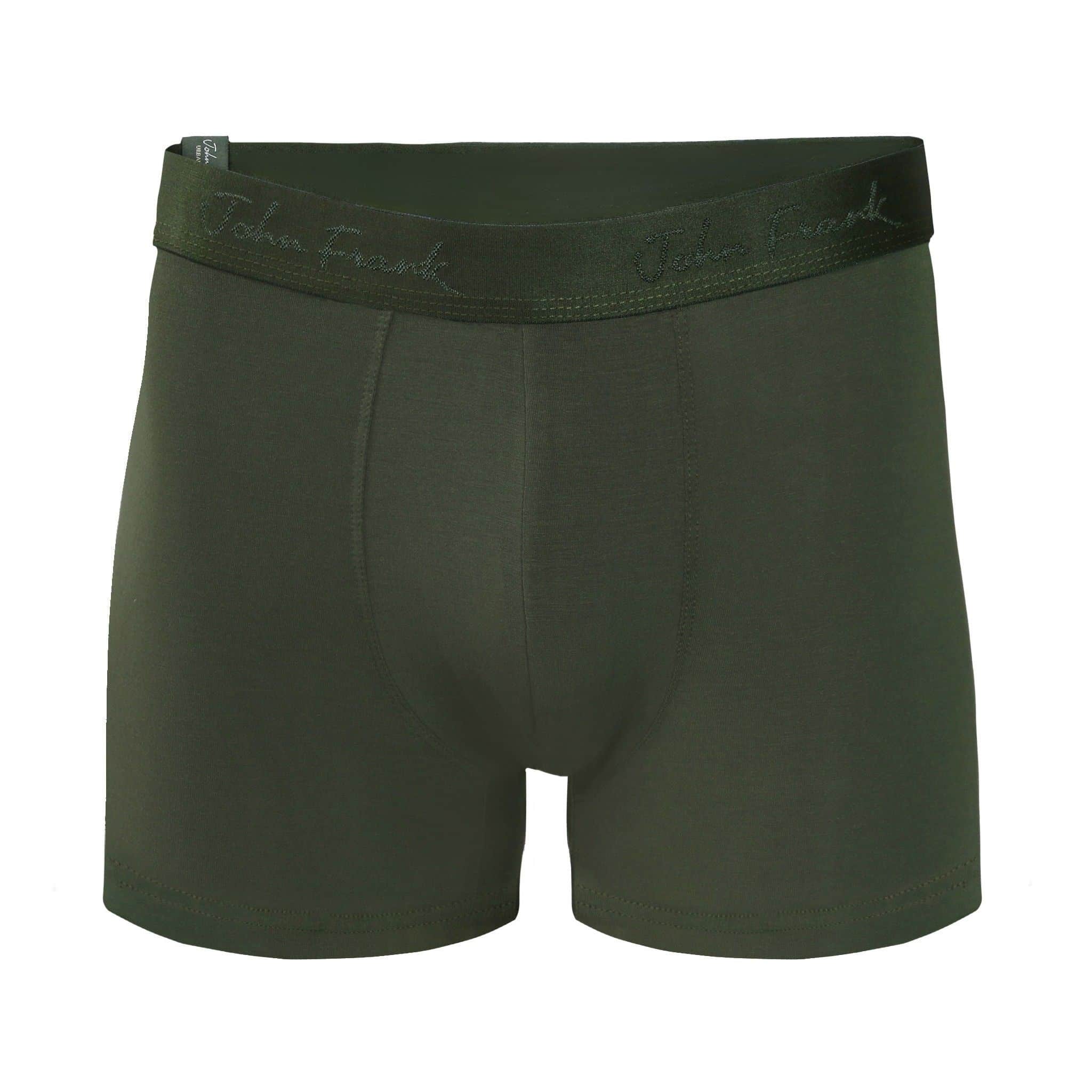 Front view of men’s 95% micromodal boxer brief in olive with tonal waistband featuring subtle sheen, and soft stretch