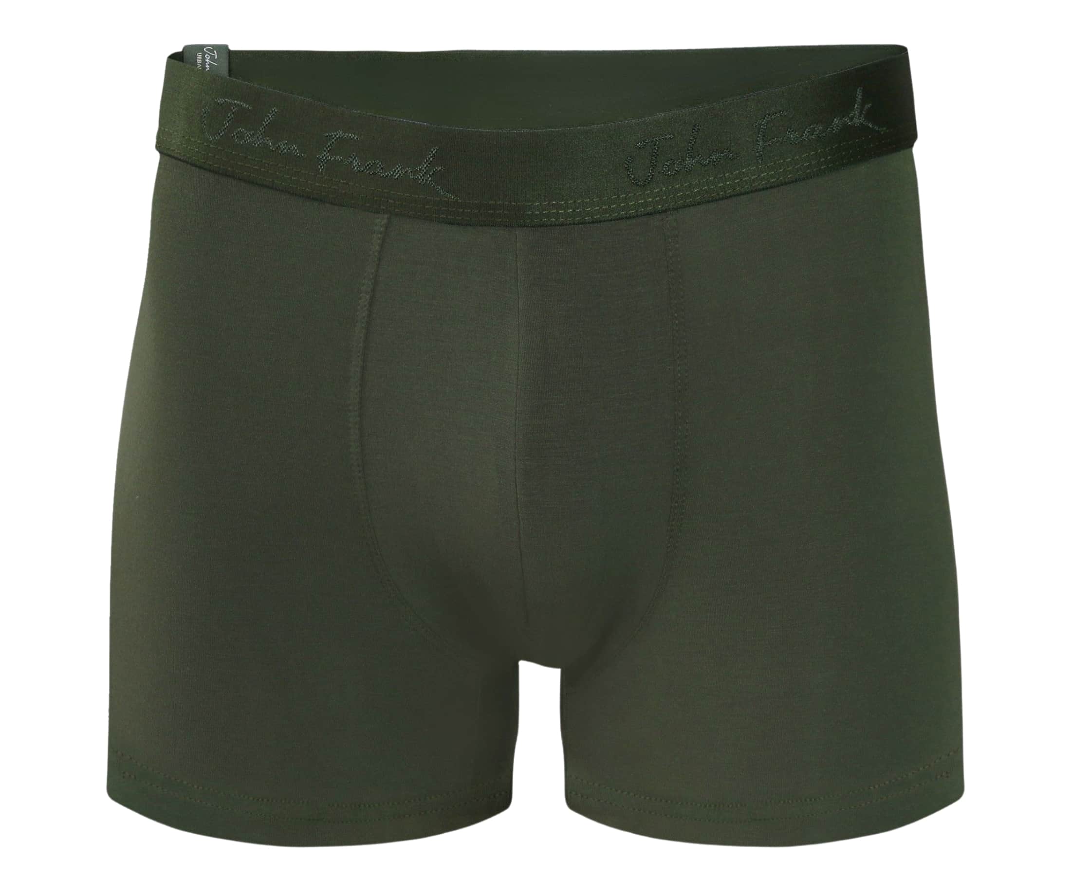 Front view of men’s 95% micromodal boxer brief in olive with tonal waistband featuring subtle sheen, and soft stretch
