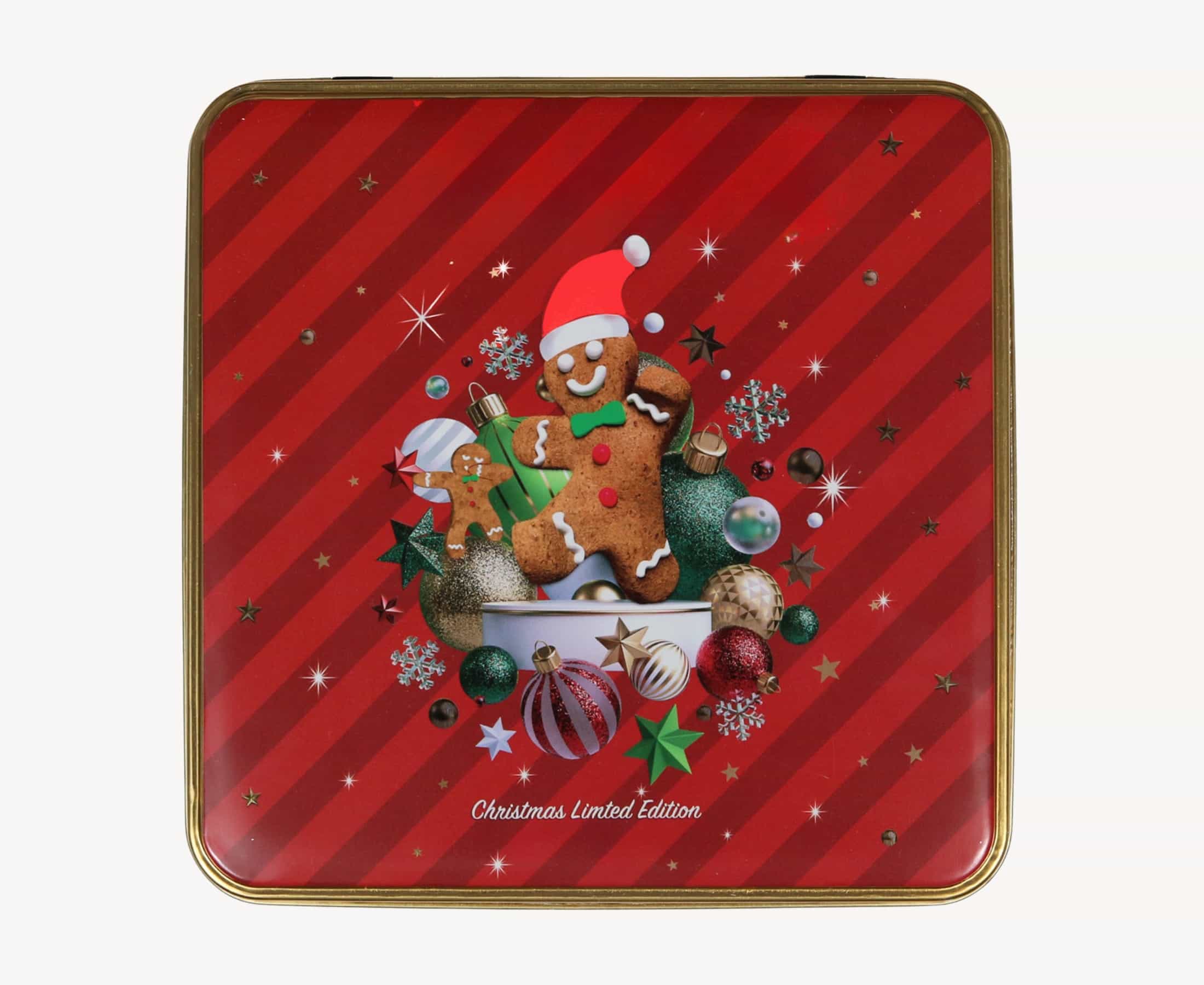 Front view of Holiday Classics Sock Tin in red with festive gingerbread design, gold trim, and Christmas Limited Edition label.