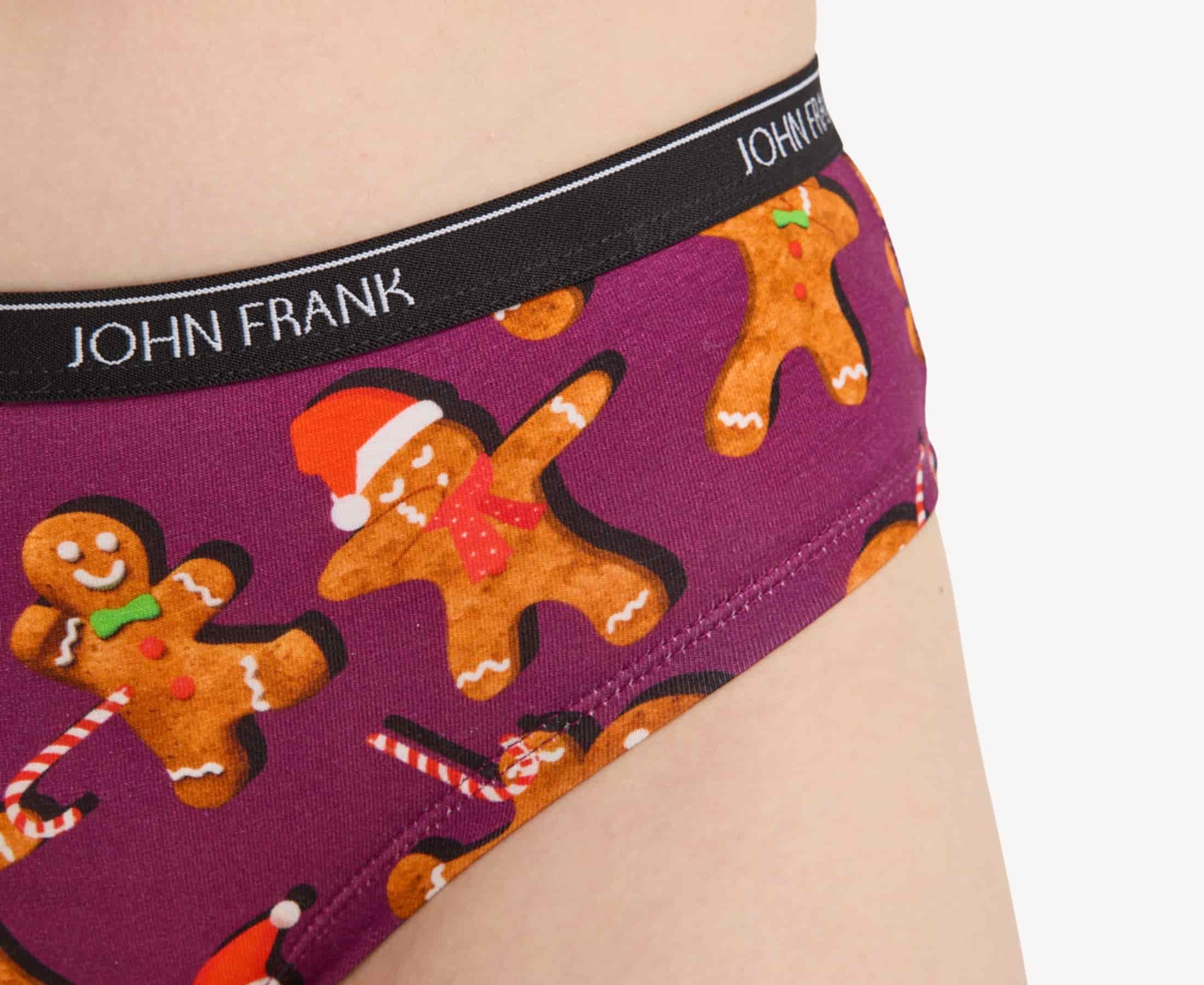 Close-up view of women’s 95% premium cotton hipster in purple with festive ginger bread cookies print