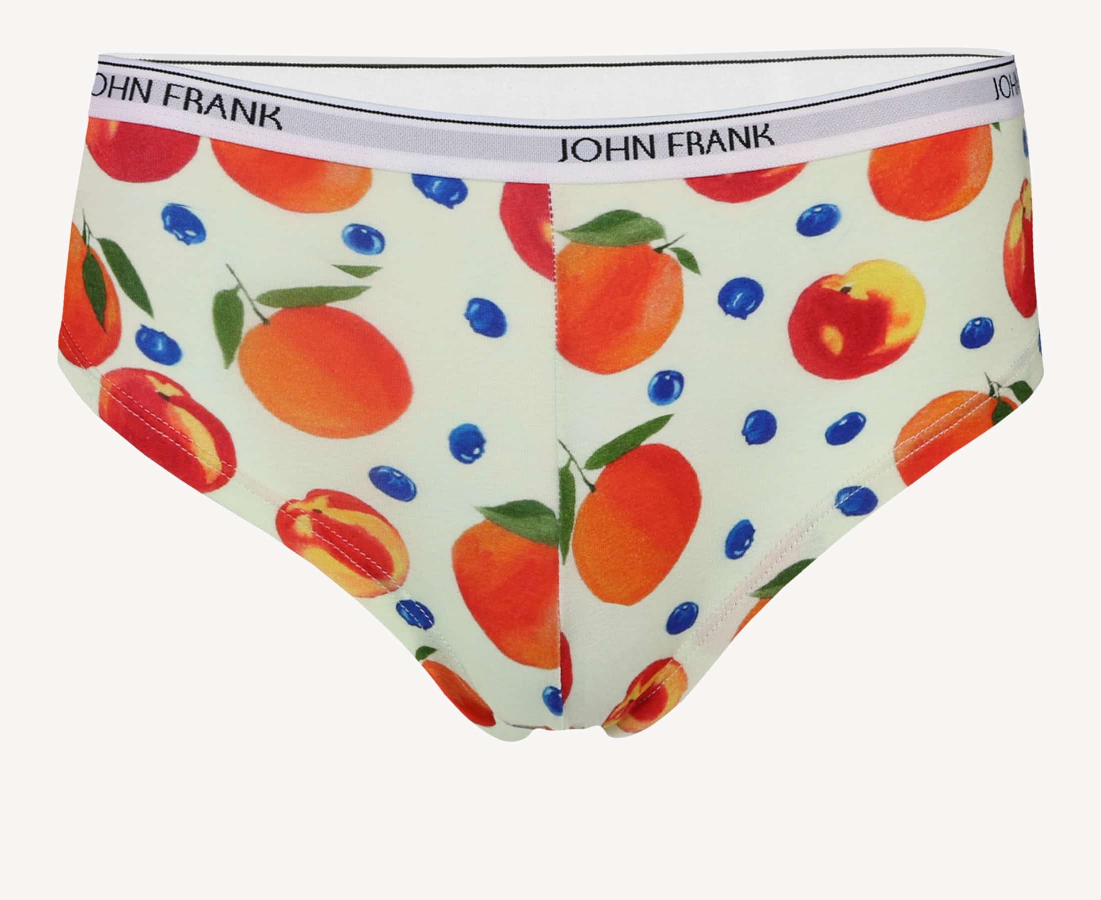 Front view of women’s 95% premium cotton hipster in cream with peaches and blueberries print, showcasing mid-rise cut and smooth waistband.