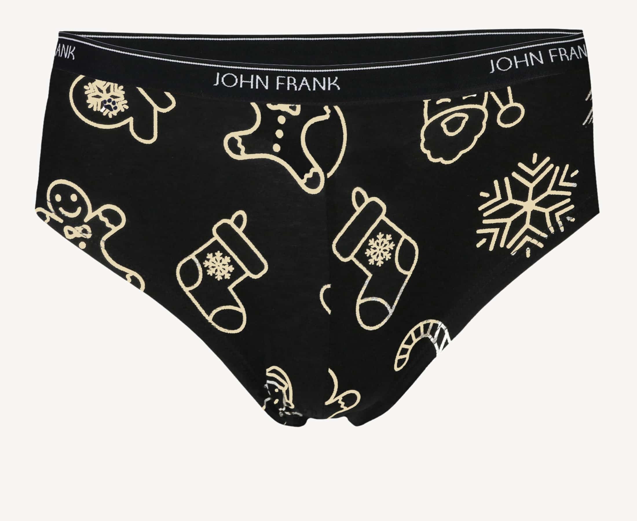 Front view of women’s 95% premium cotton hipster in black with golden holiday icons print including ginger bread cookies, stockings and candy canes. 