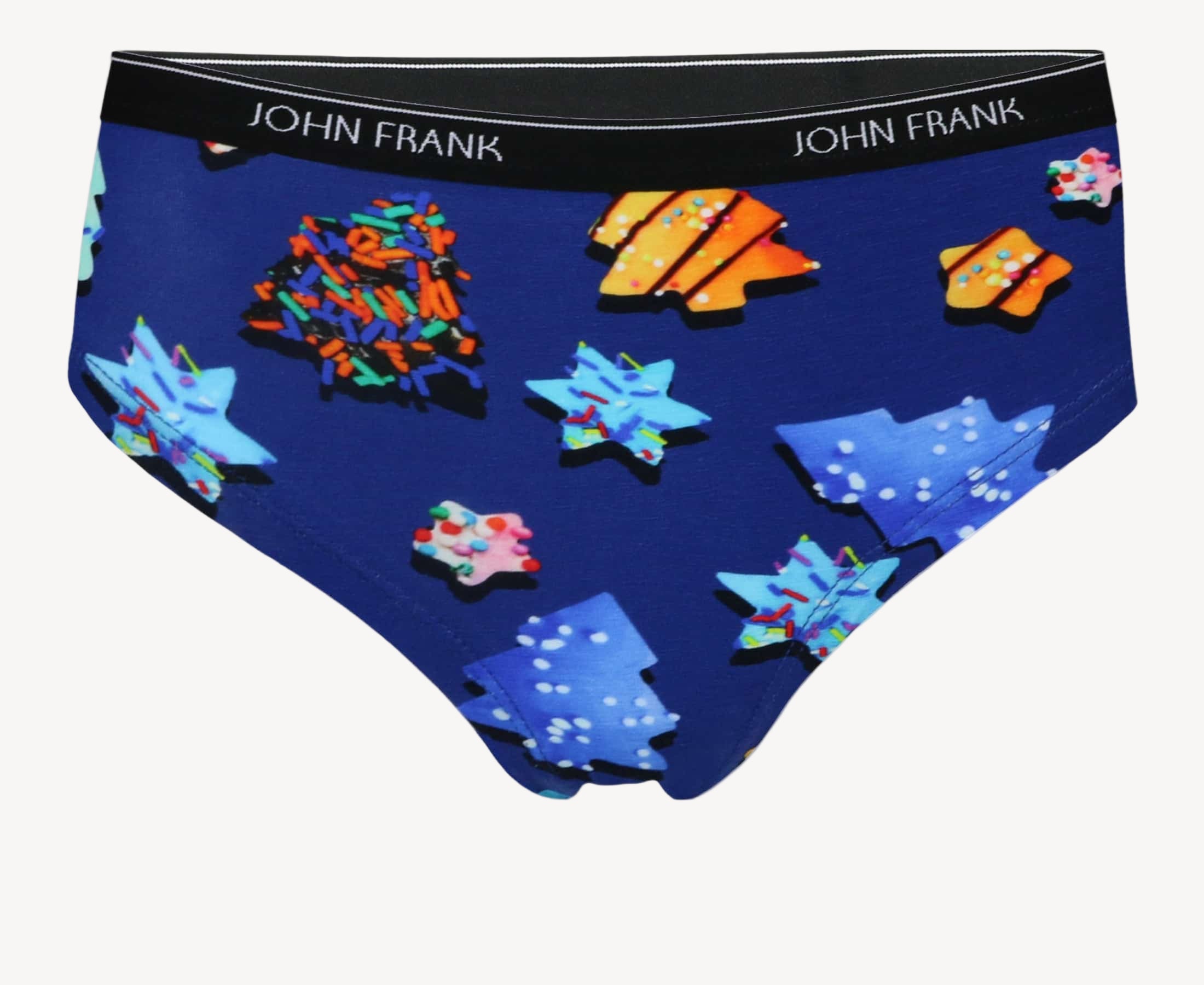 Front view of women’s 95% premium cotton hipster in royal blue with colorful sugar cookies print, showcasing mid-rise cut and smooth waistband.